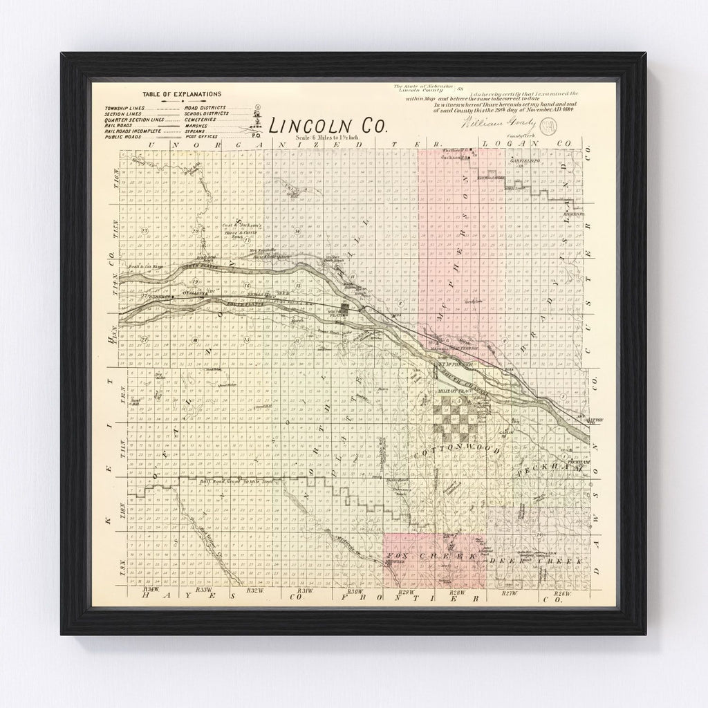 Vintage Map of Lincoln County, Nebraska 1885