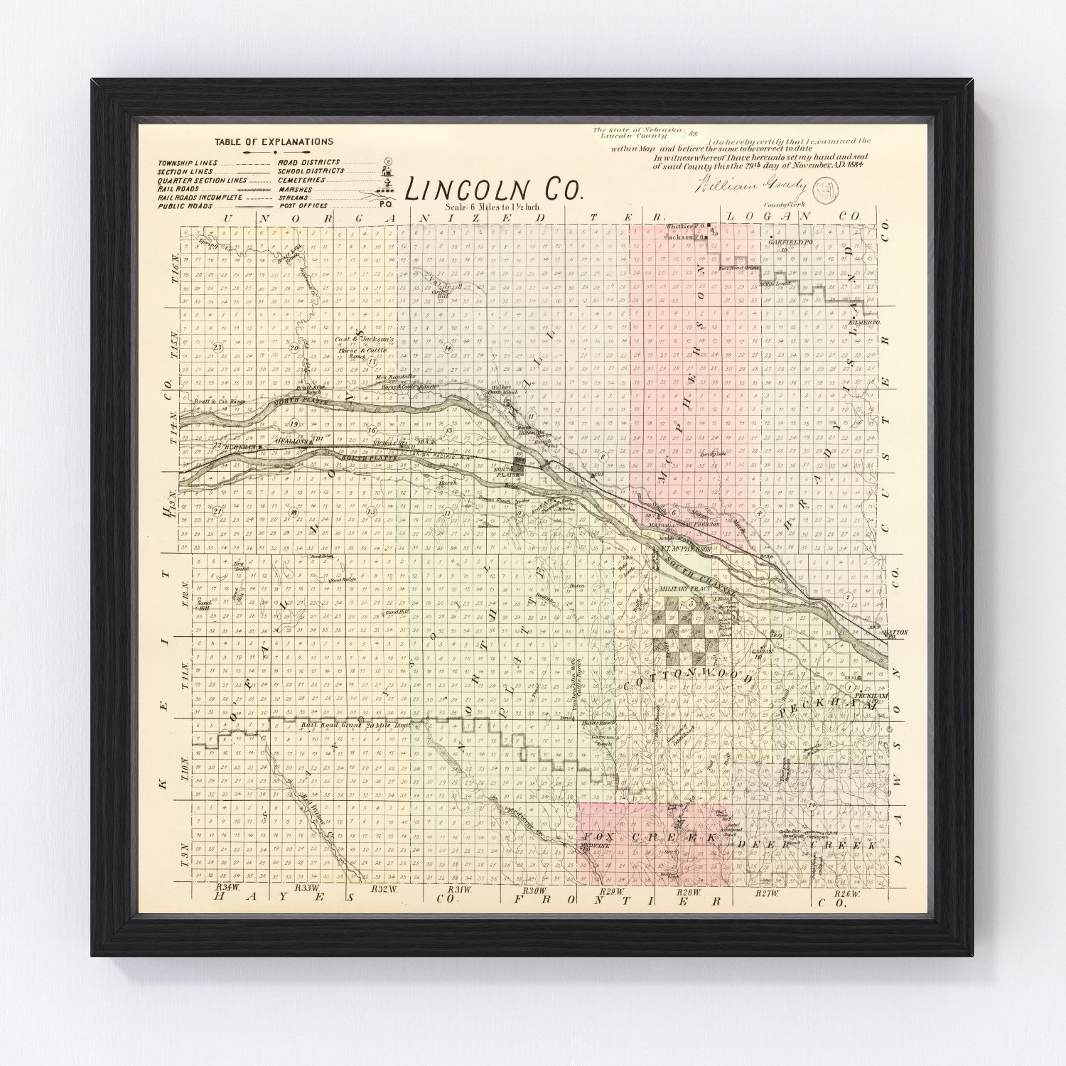 Vintage Map of Lincoln County, Nebraska 1885
