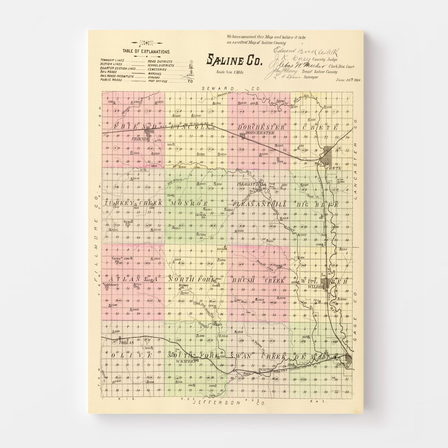 Vintage Map of Saline County, Nebraska 1885