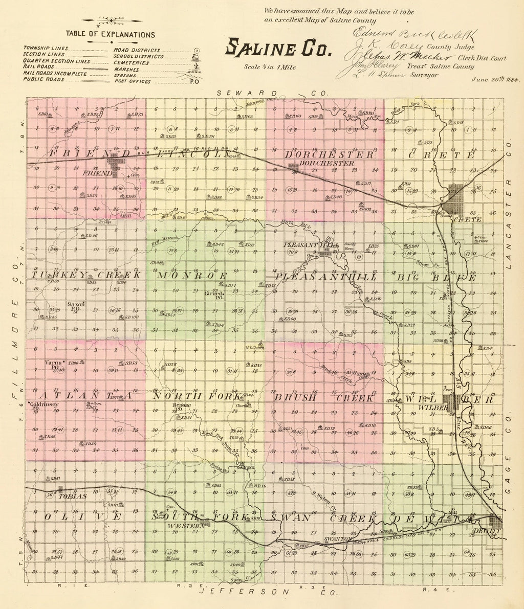 Vintage Map of Saline County, Nebraska 1885