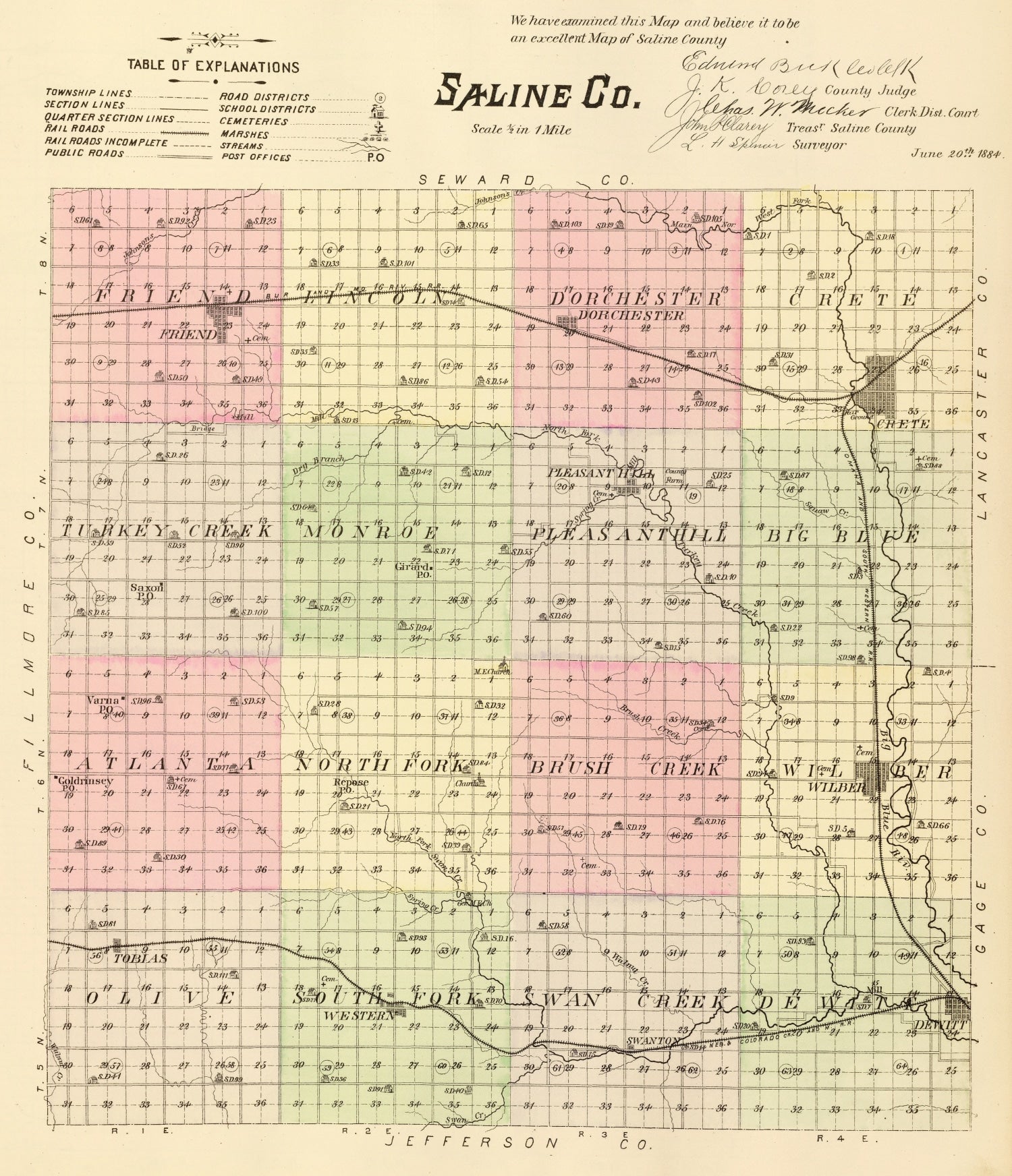 Vintage Map of Saline County, Nebraska 1885