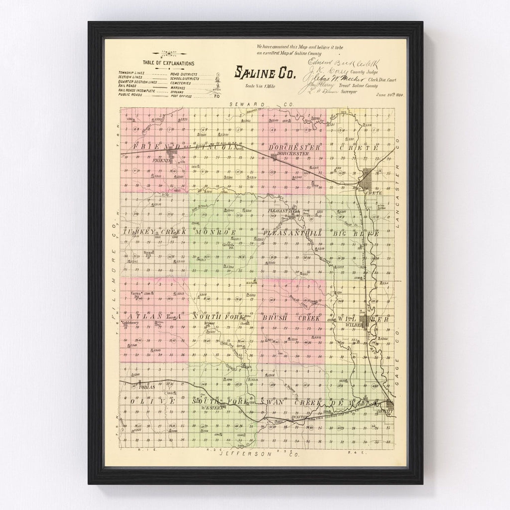 Vintage Map of Saline County, Nebraska 1885