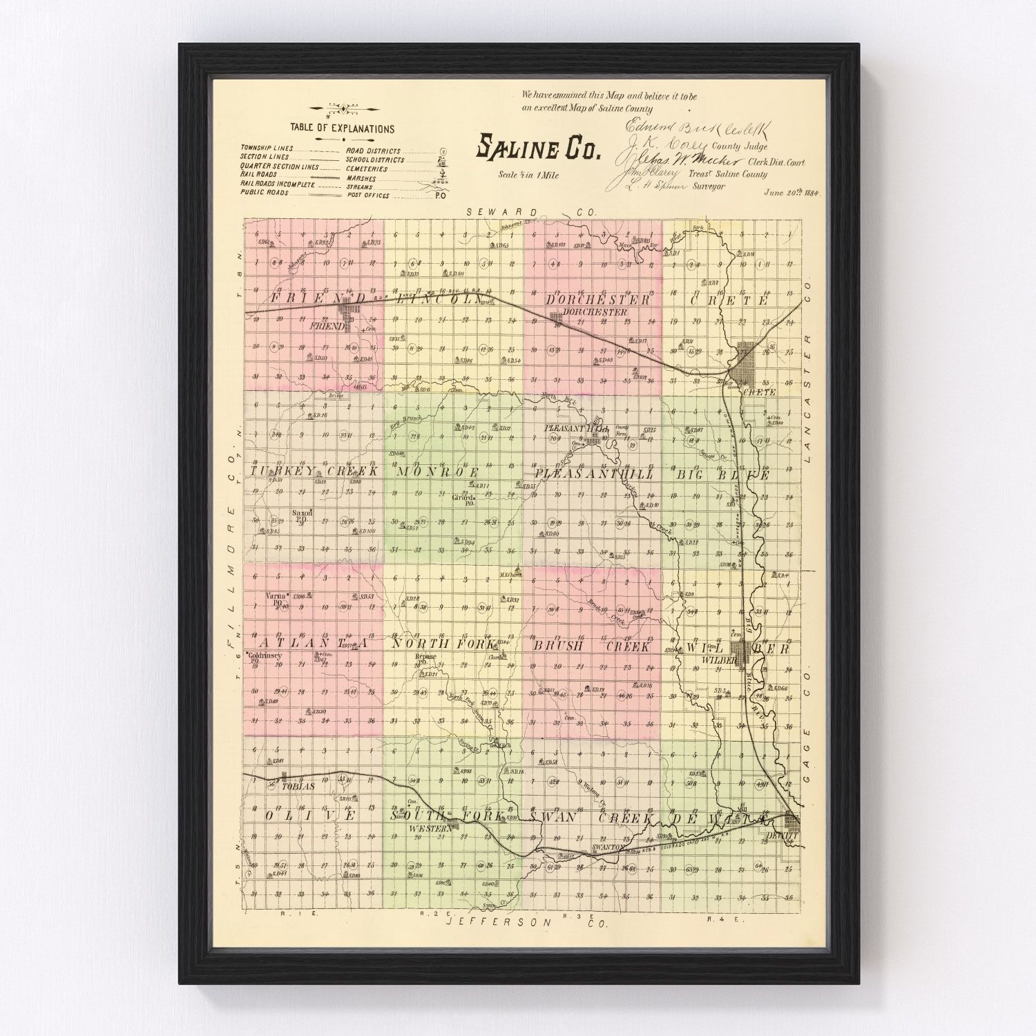 Vintage Map of Saline County, Nebraska 1885