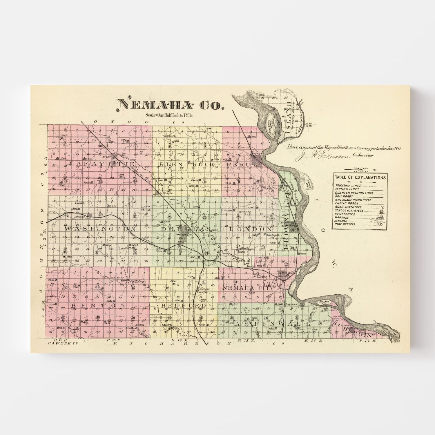 Vintage Map of Nemaha County, Nebraska 1885