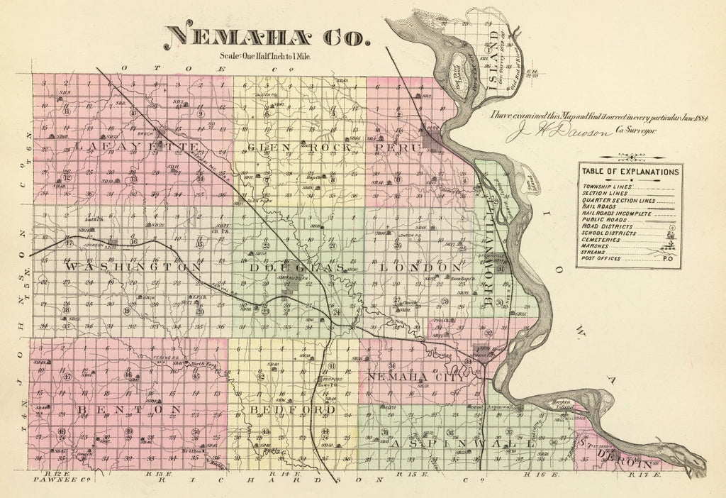 Vintage Map of Nemaha County, Nebraska 1885