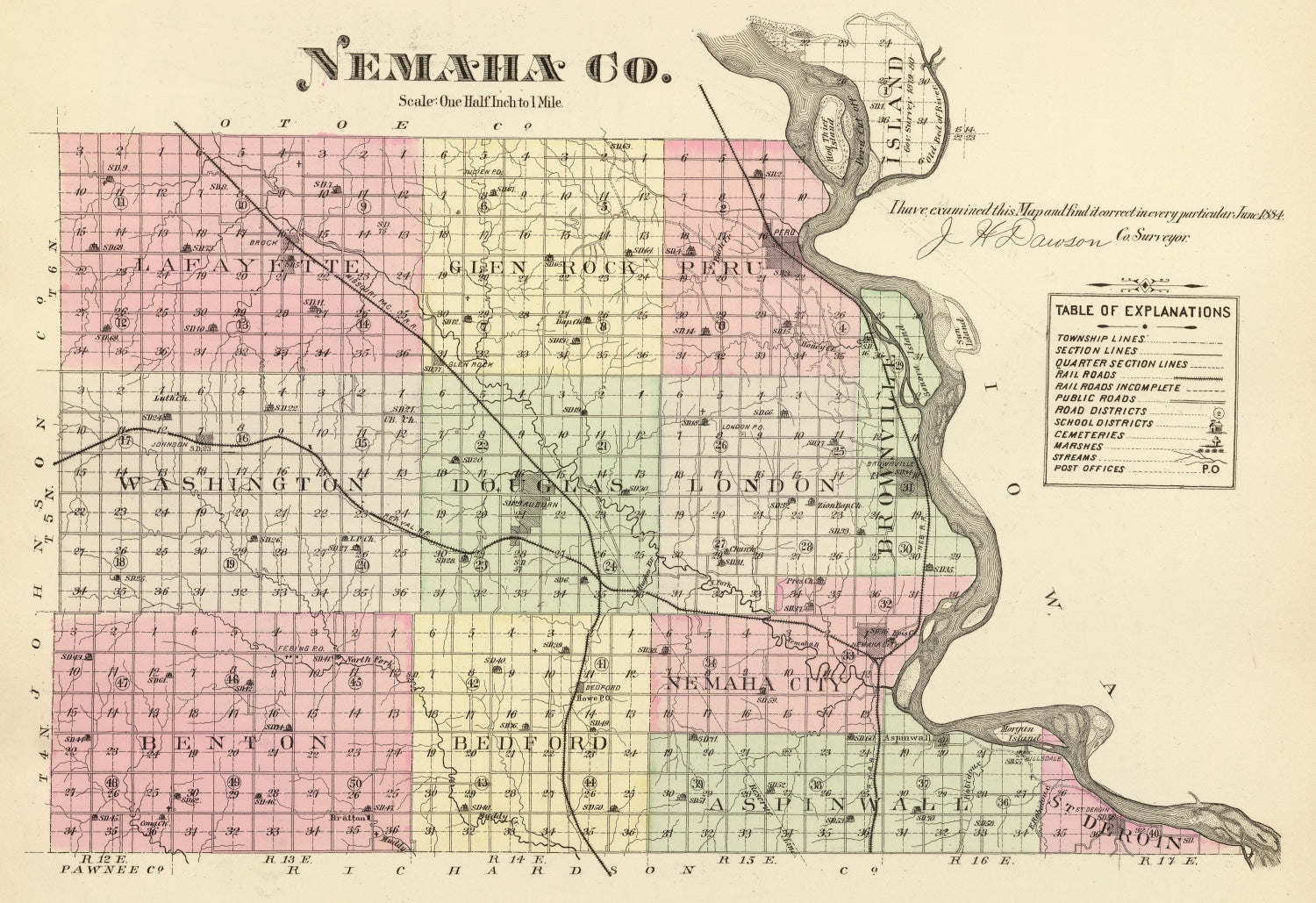 Vintage Map of Nemaha County, Nebraska 1885