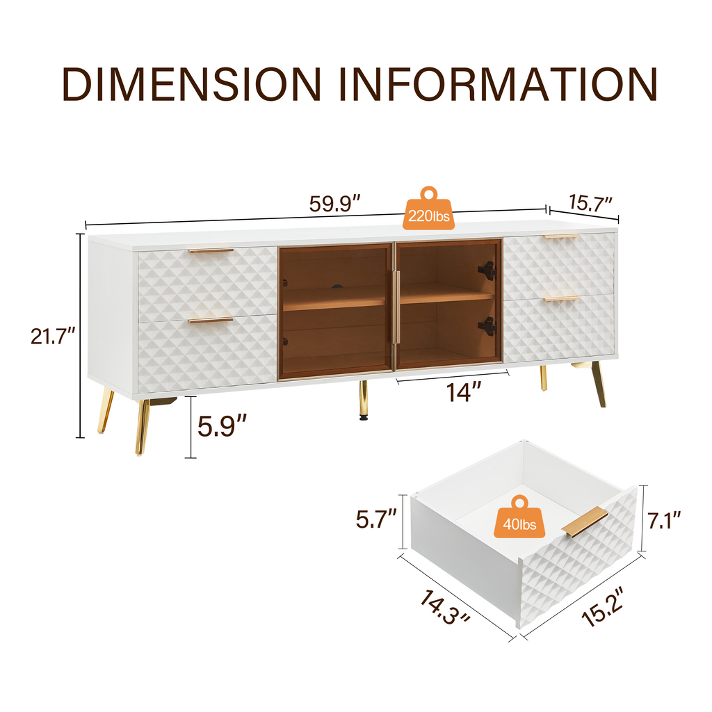 Deluxe Sculpted Modern Fashion Geometric Style TV Stand, Aluminum Frame Tempered Glass Door 4 Drawer Chest with Adjustable Metal Feet ,White,59.9'L x 15.7'W x 21.7'H