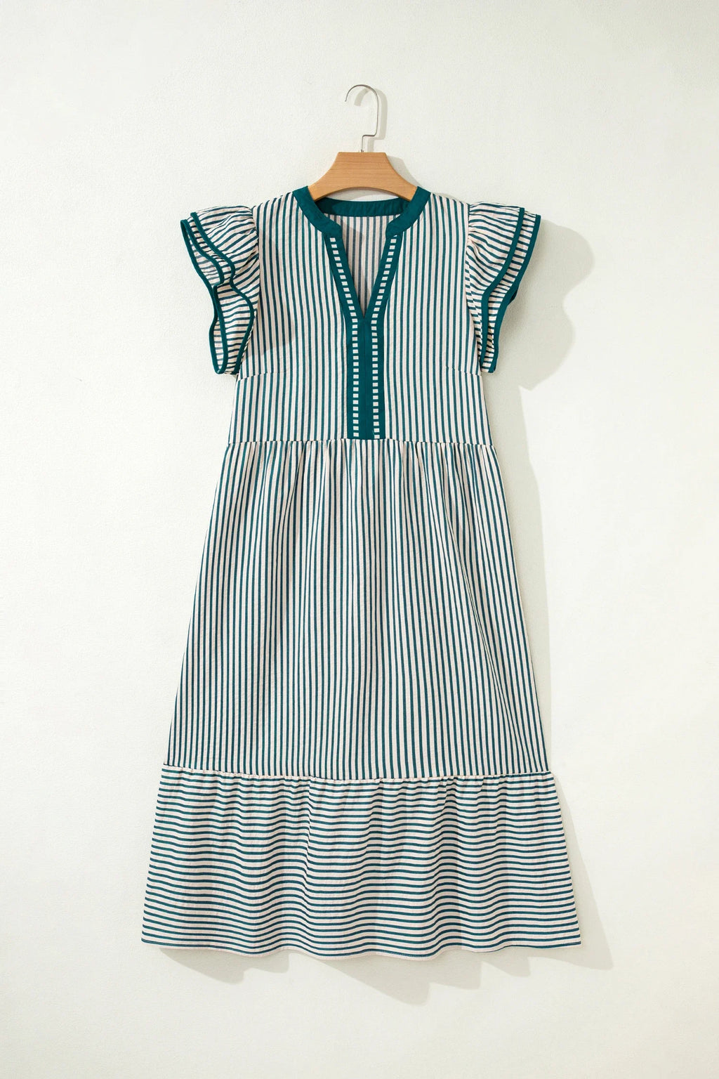 Stripe Ruffle Short Sleeve V-Neck Midi Dress