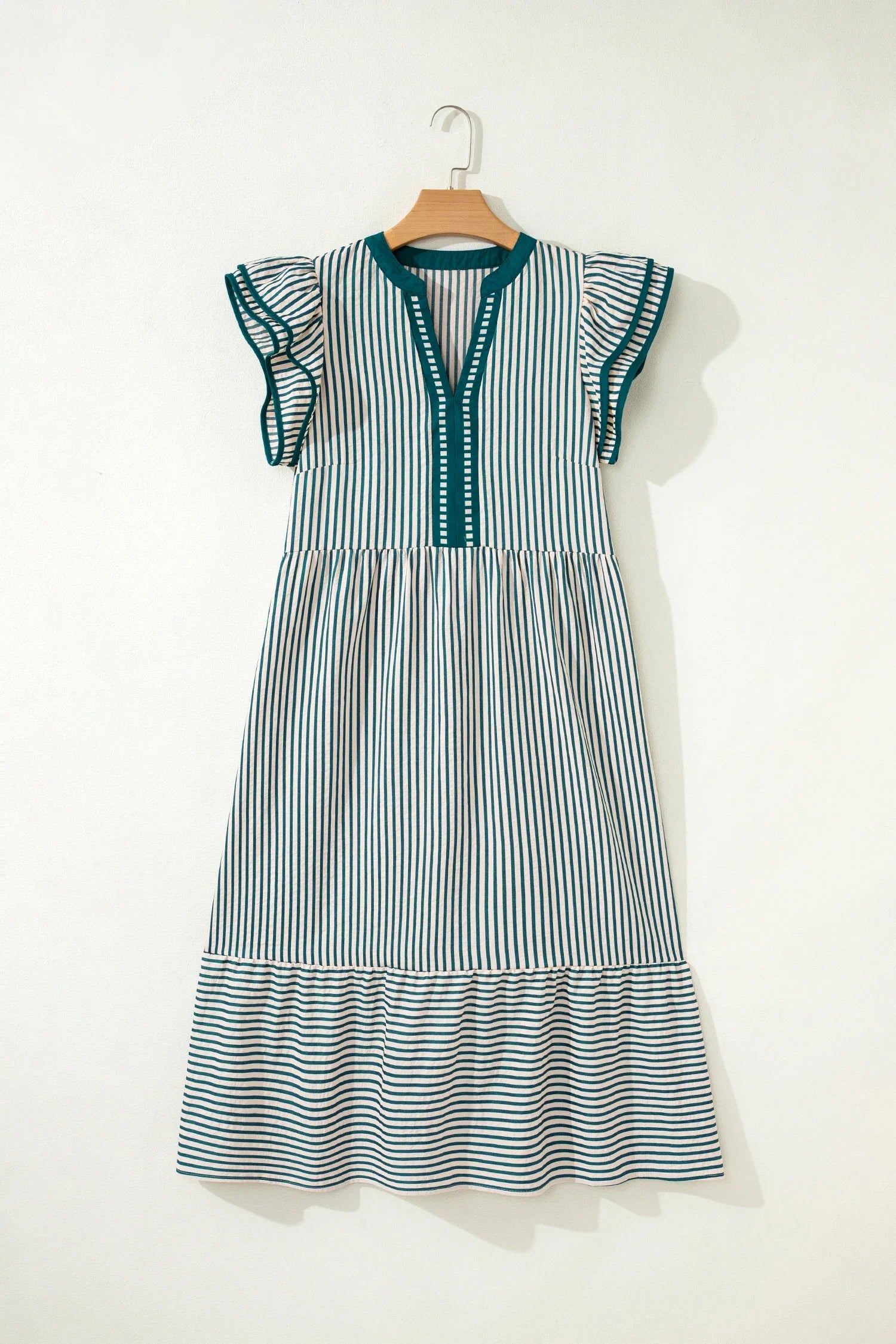 Stripe Ruffle Short Sleeve V-Neck Midi Dress