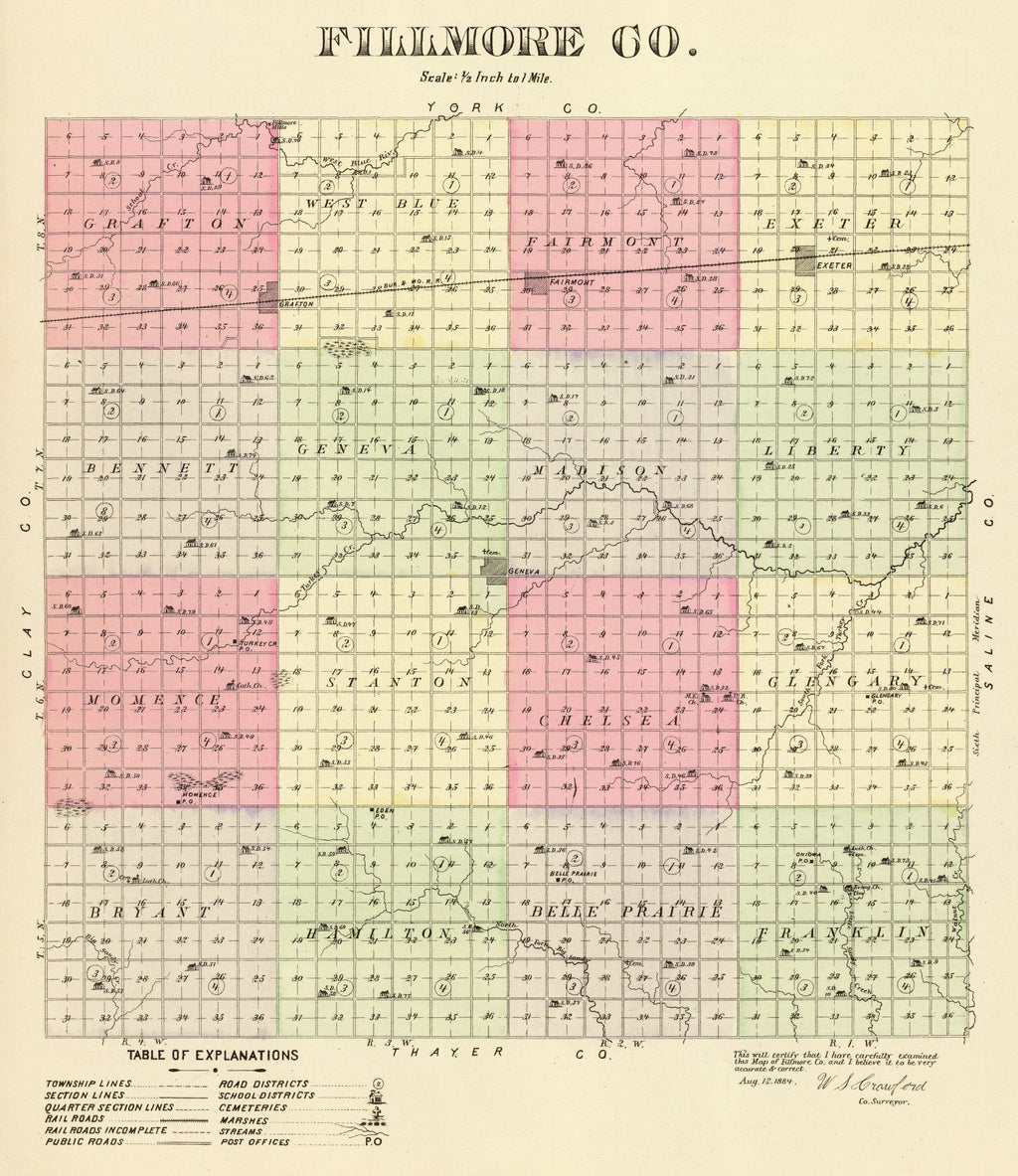 Vintage Map of Fillmore County, Nebraska 1885