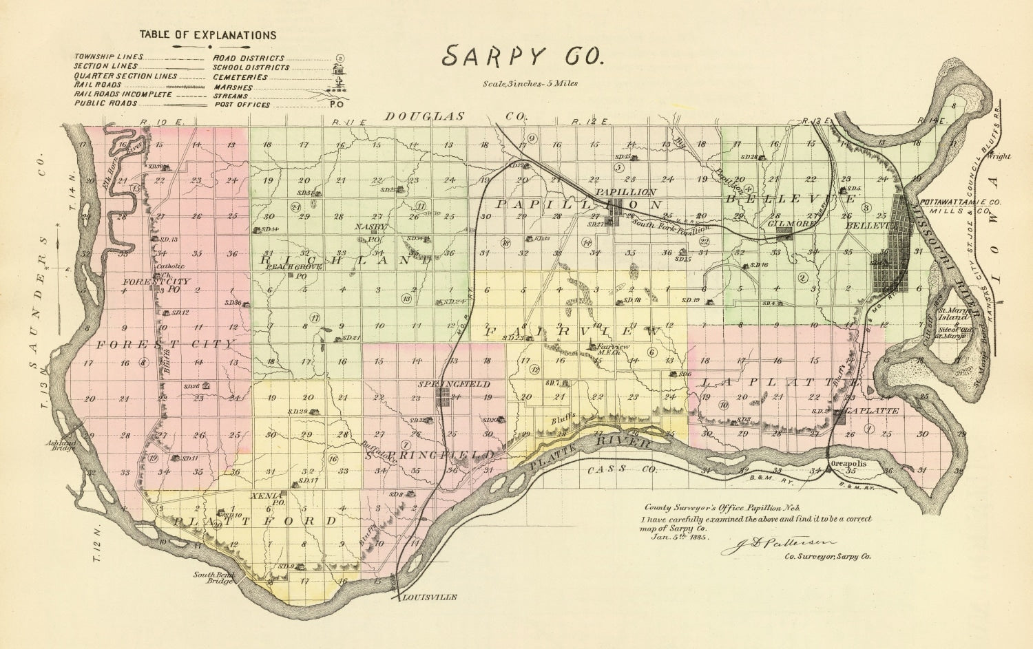 Vintage Map of Sarpy County, Nebraska 1885