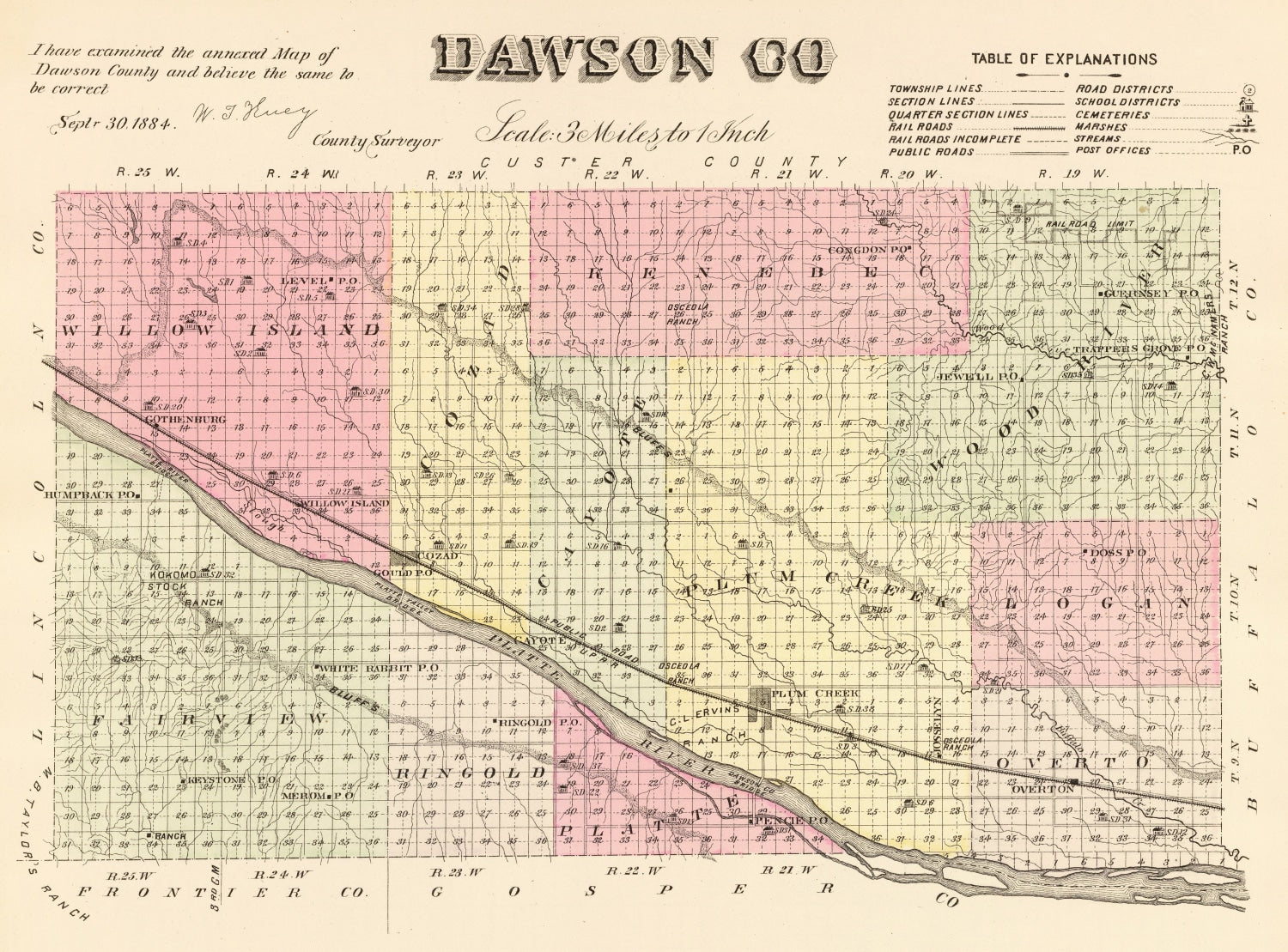 Vintage Map of Dawson County, Nebraska 1885