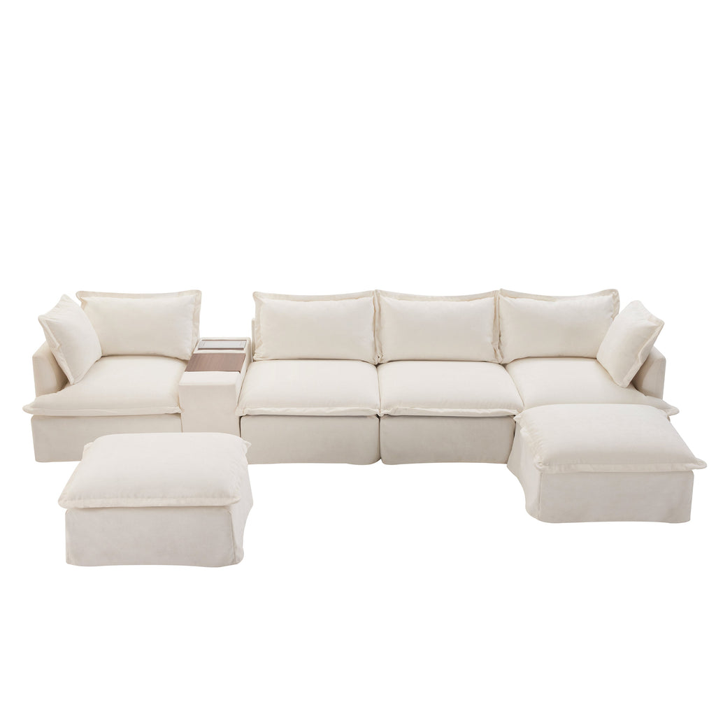 [VIDEO+NEW]131'' Modular Sectional Sofa with Movable Ottoman and Console,Cup Holder,Wide Seat,6 Seat U Shaped Couch,Oversized Chenille Sofa with USB Charger for Living Room,Apartment,2 Colors