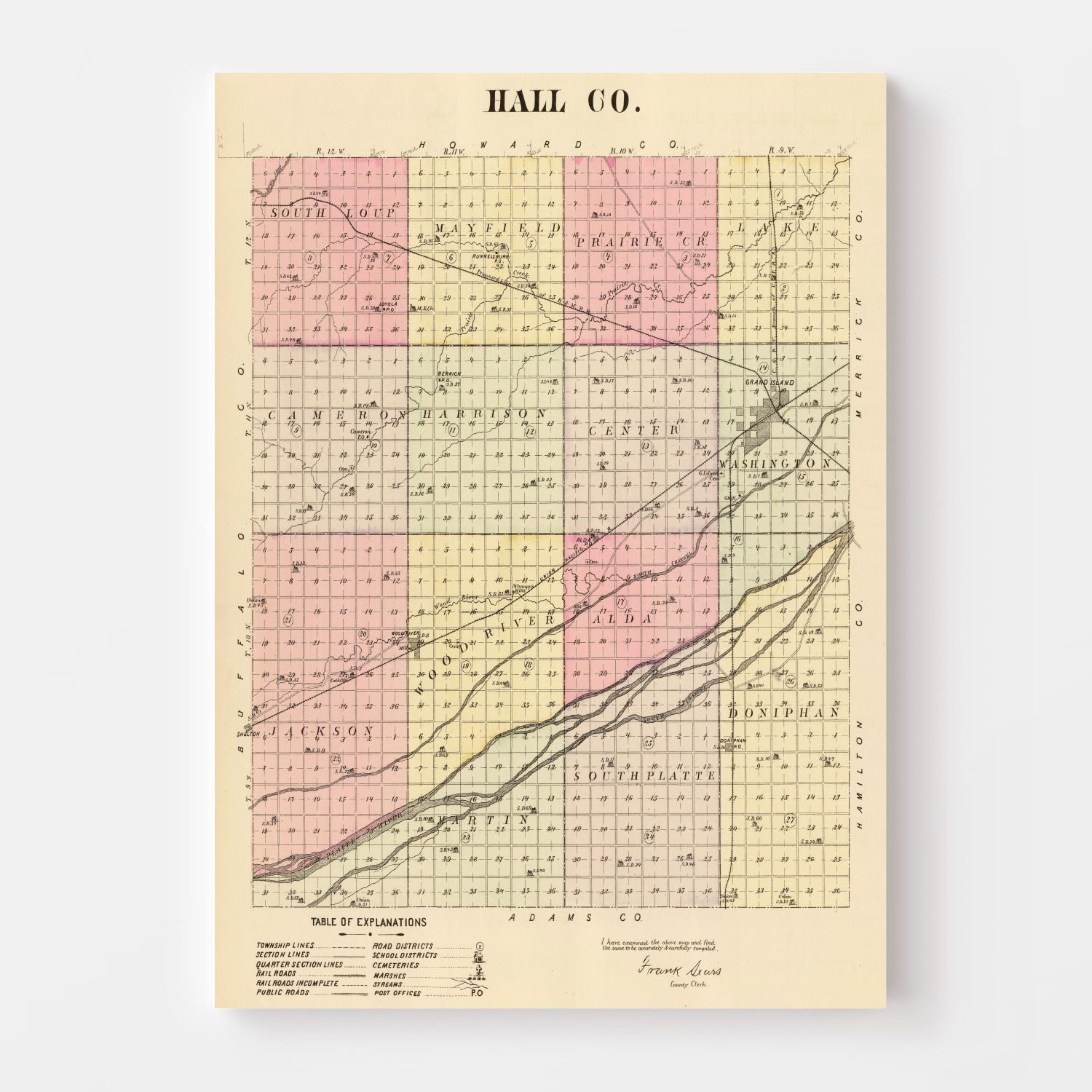 Vintage Map of Hall County, Nebraska 1885