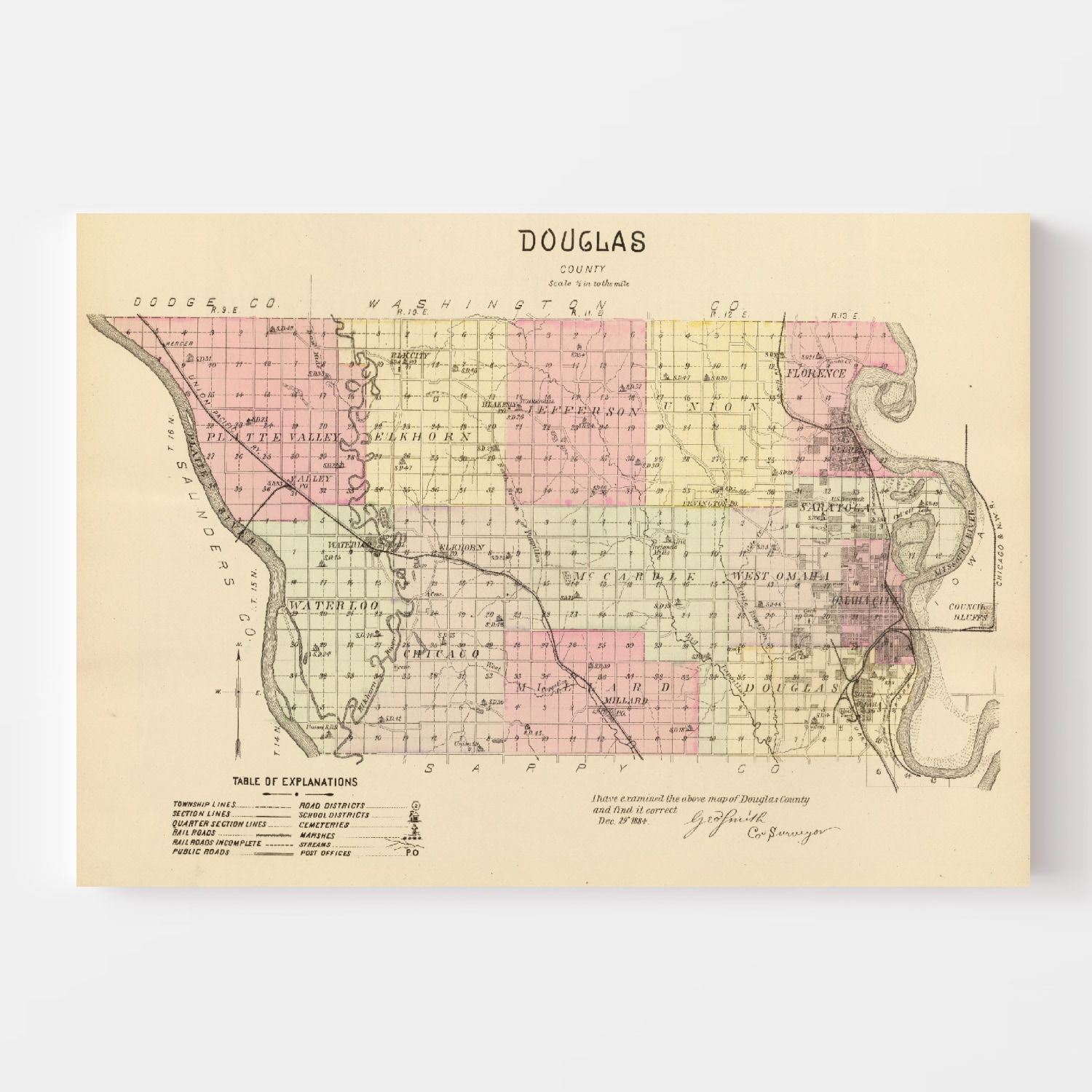 Vintage Map of Douglas County, Nebraska 1885