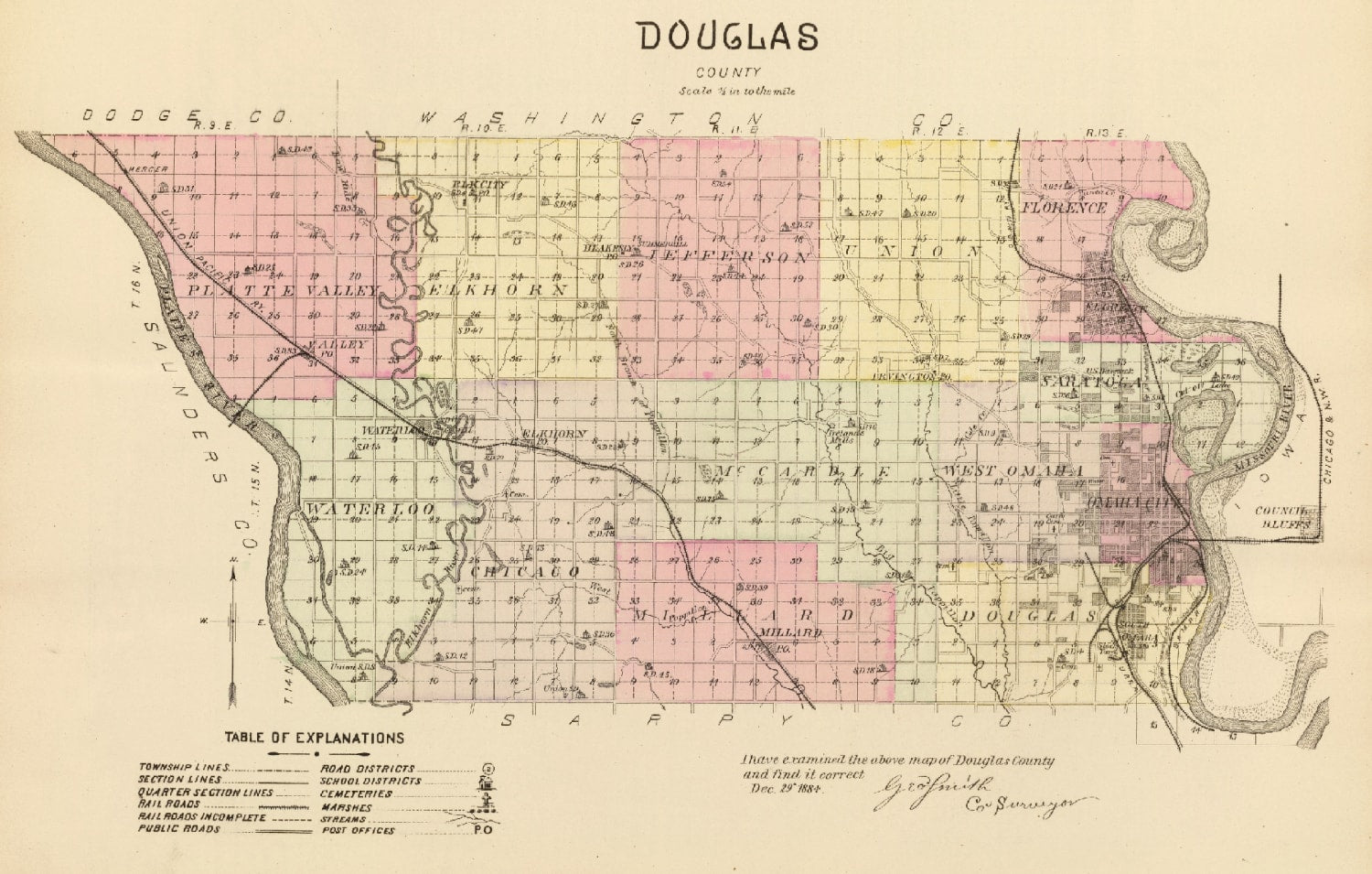 Vintage Map of Douglas County, Nebraska 1885