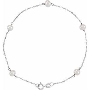 14K White Gold Cultured White Freshwater Pearl 5-Station 7" Bracelet