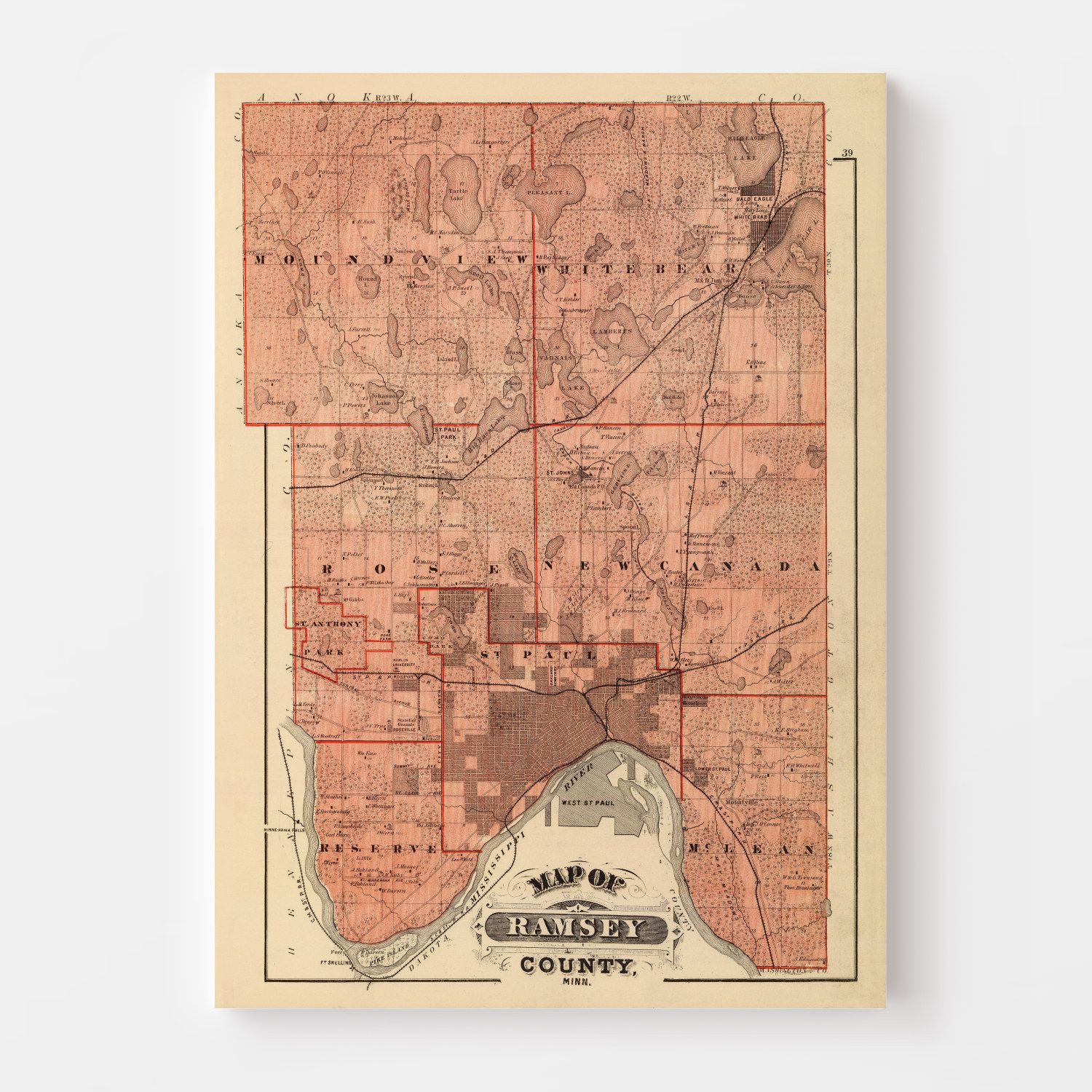 Vintage Map of Ramsey County, Minnesota 1874