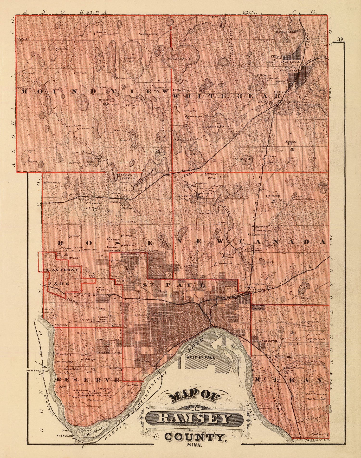 Vintage Map of Ramsey County, Minnesota 1874