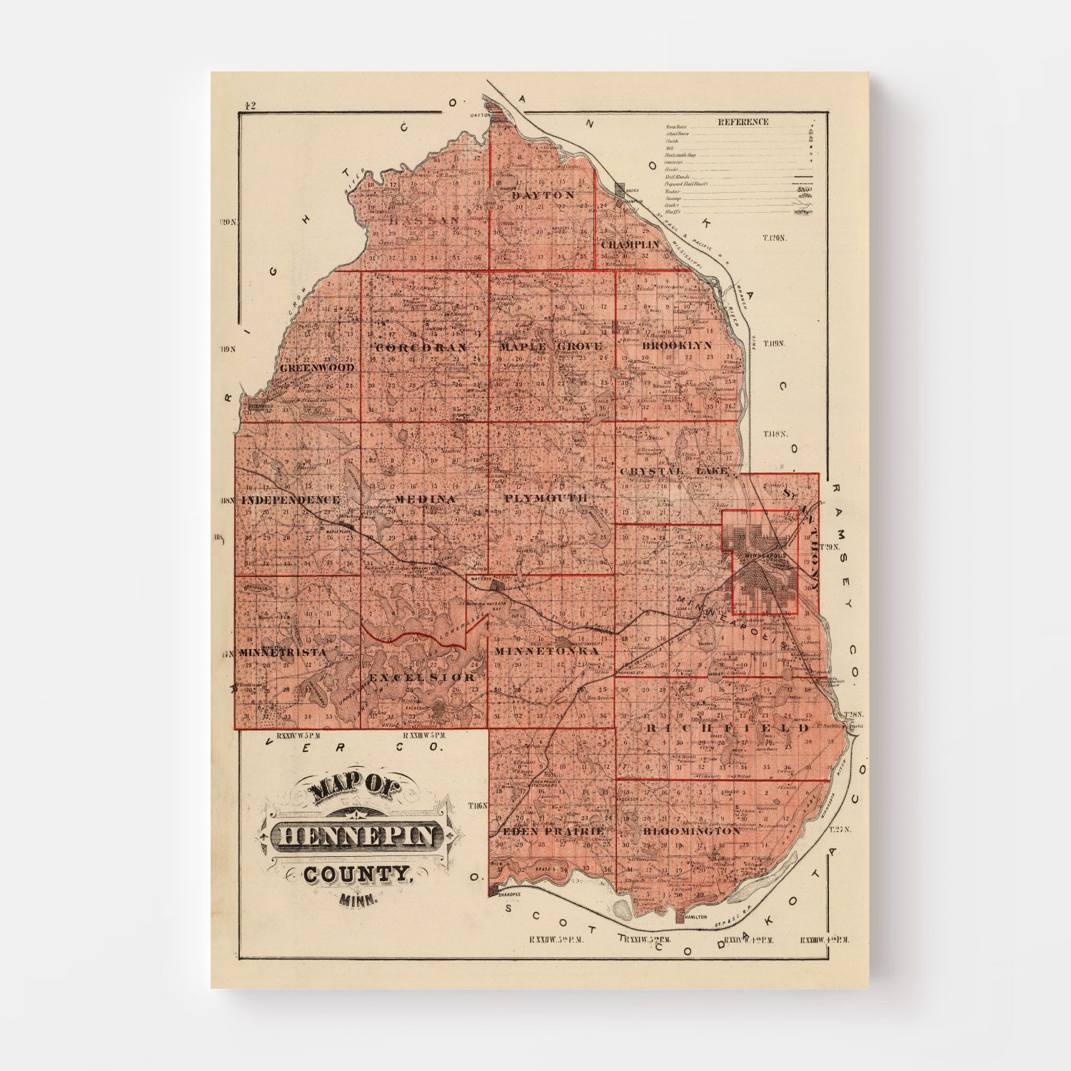 Vintage Map of Hennepin County, Minnesota 1874