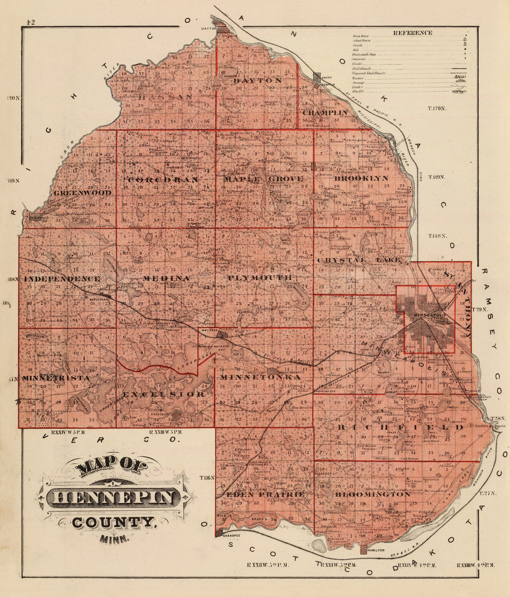 Vintage Map of Hennepin County, Minnesota 1874
