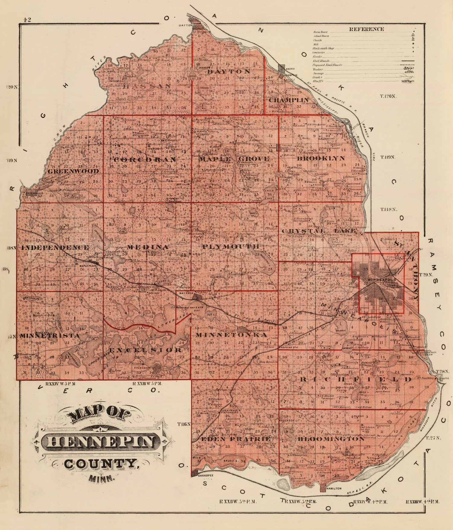 Vintage Map of Hennepin County, Minnesota 1874