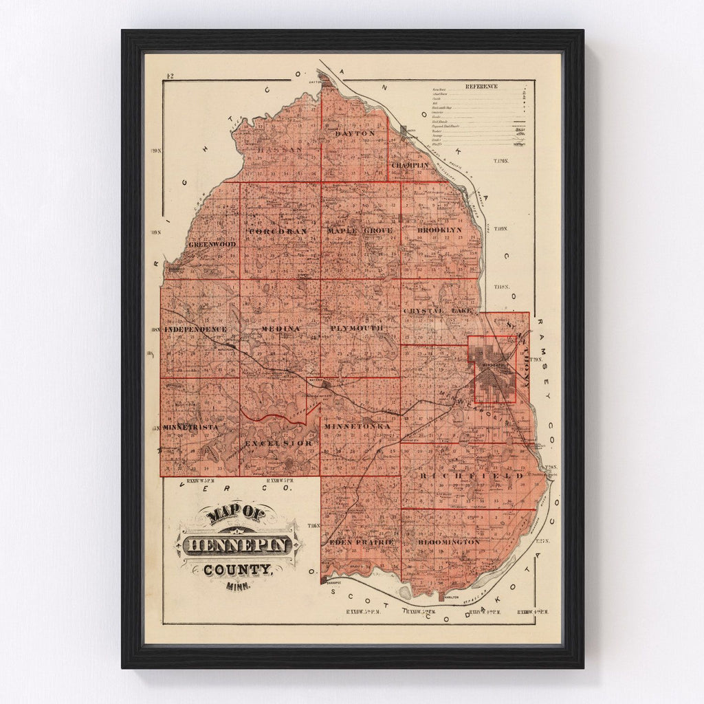 Vintage Map of Hennepin County, Minnesota 1874