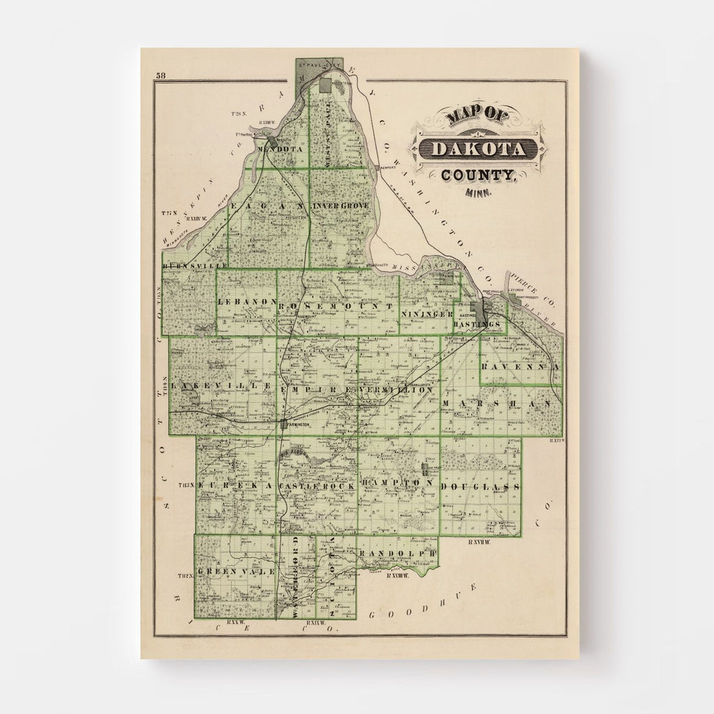 Vintage Map of Dakota County, Minnesota 1874