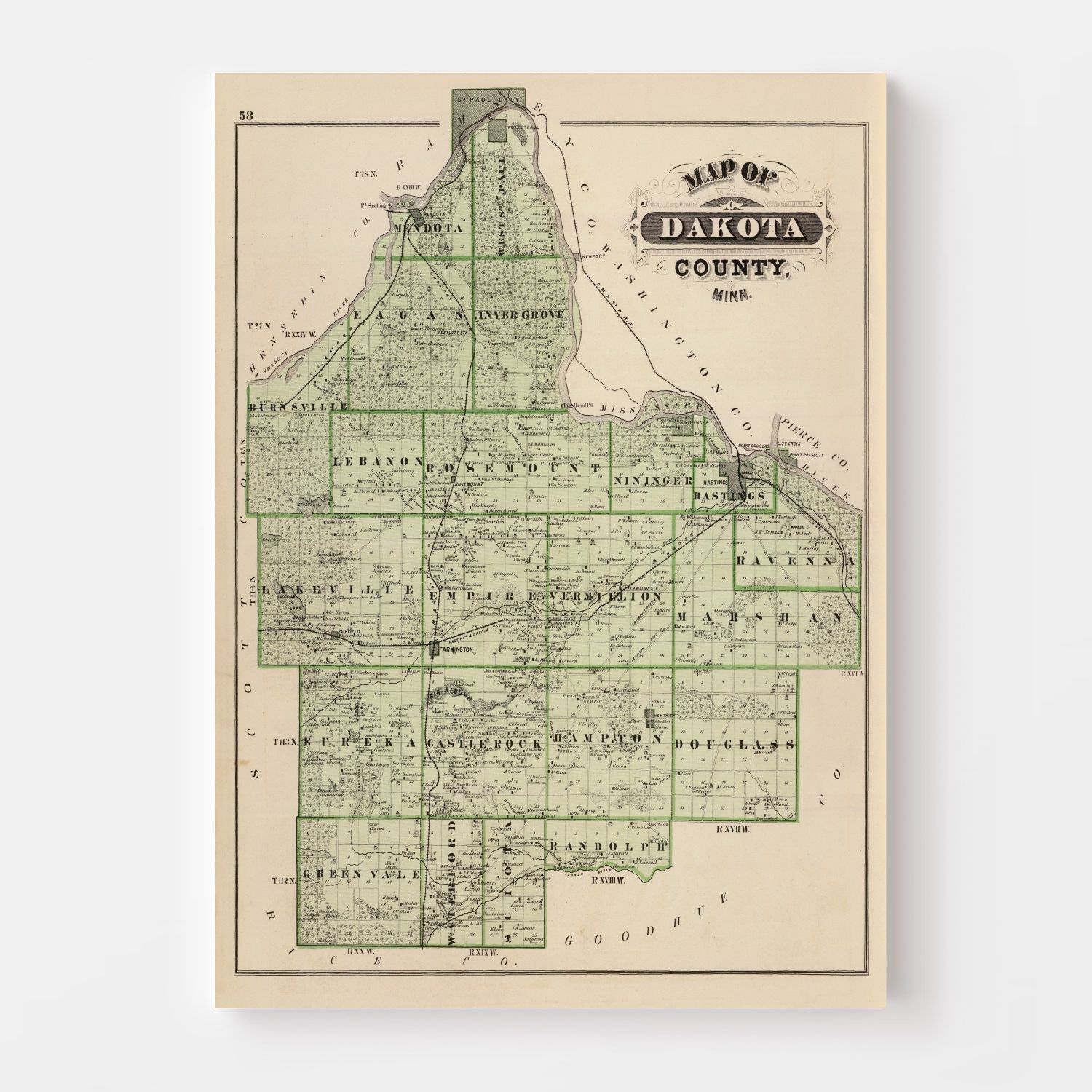 Vintage Map of Dakota County, Minnesota 1874
