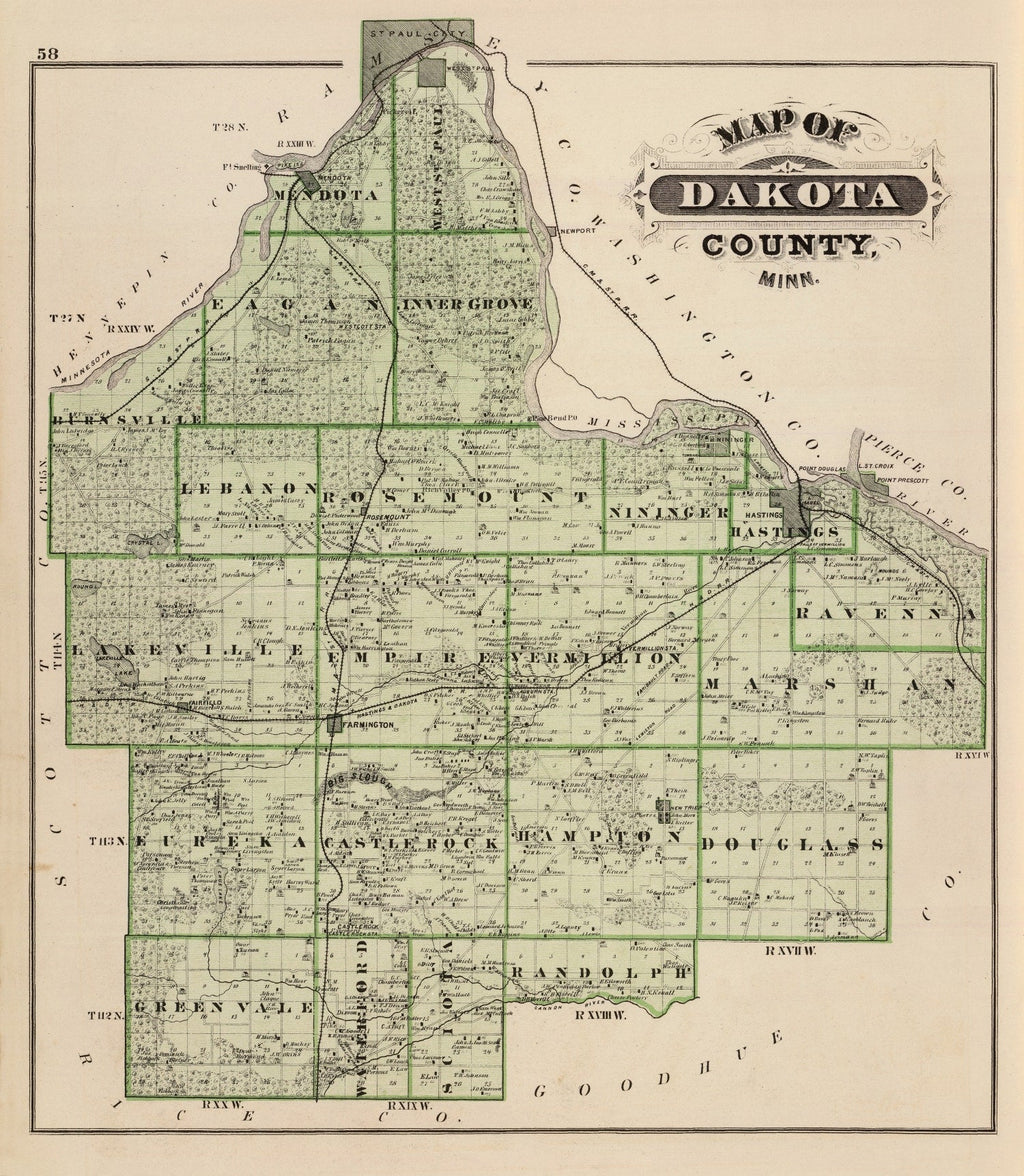 Vintage Map of Dakota County, Minnesota 1874