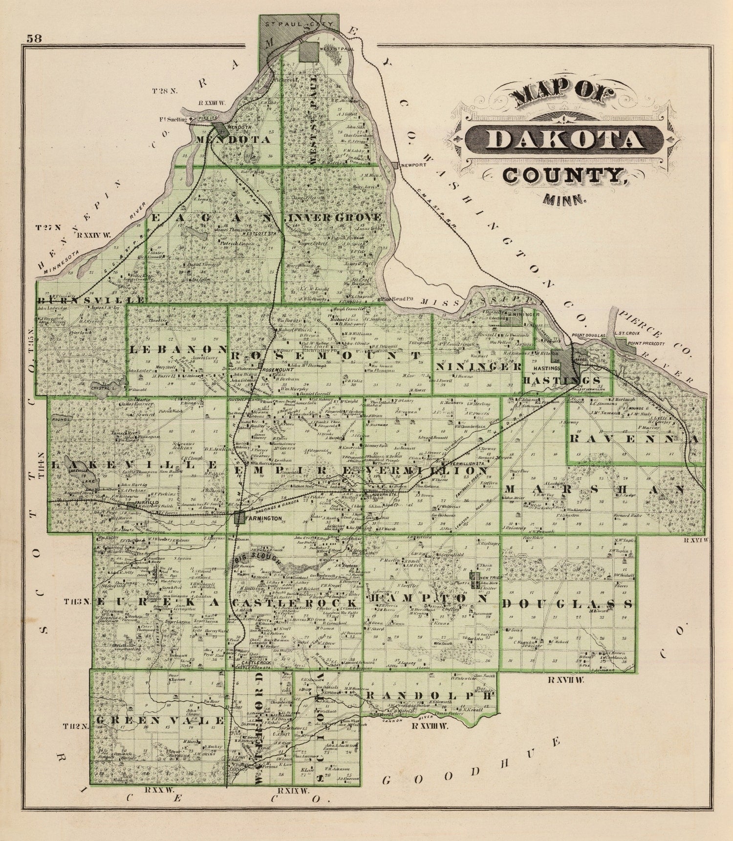 Vintage Map of Dakota County, Minnesota 1874