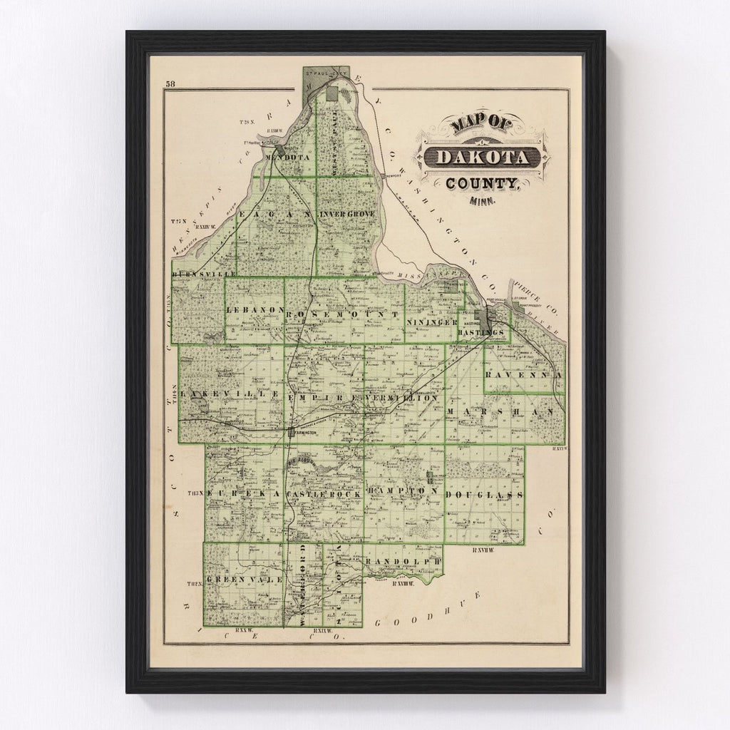 Vintage Map of Dakota County, Minnesota 1874