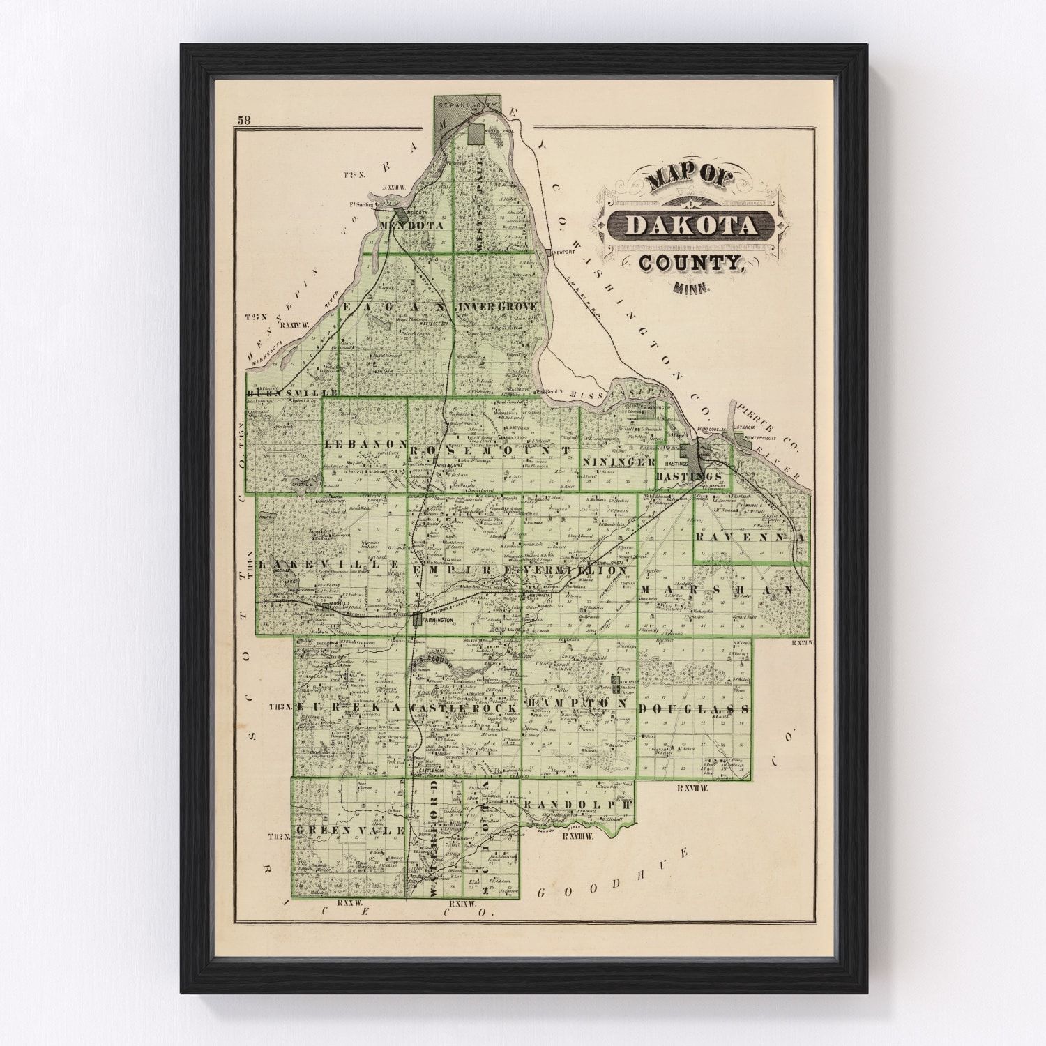 Vintage Map of Dakota County, Minnesota 1874