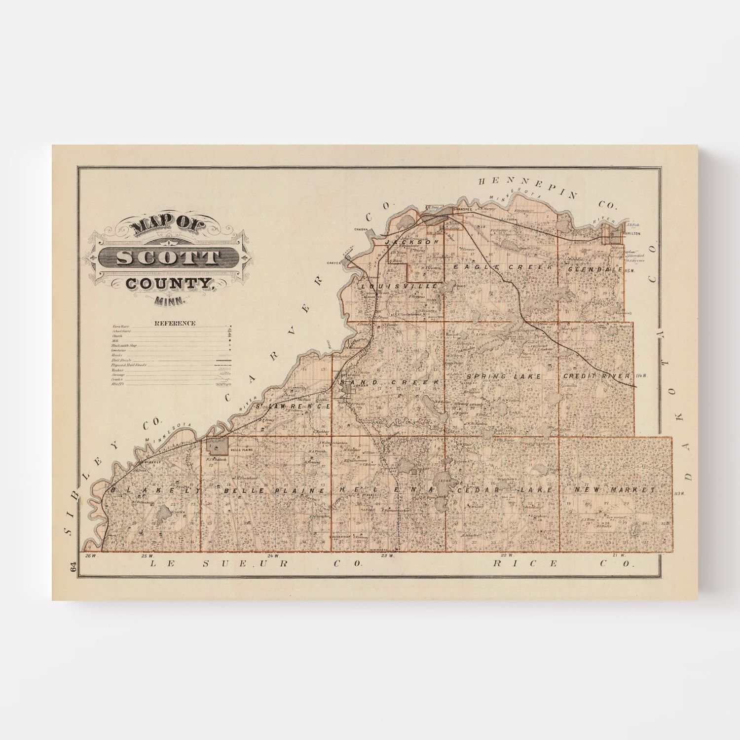 Vintage Map of Scott County, Minnesota 1874