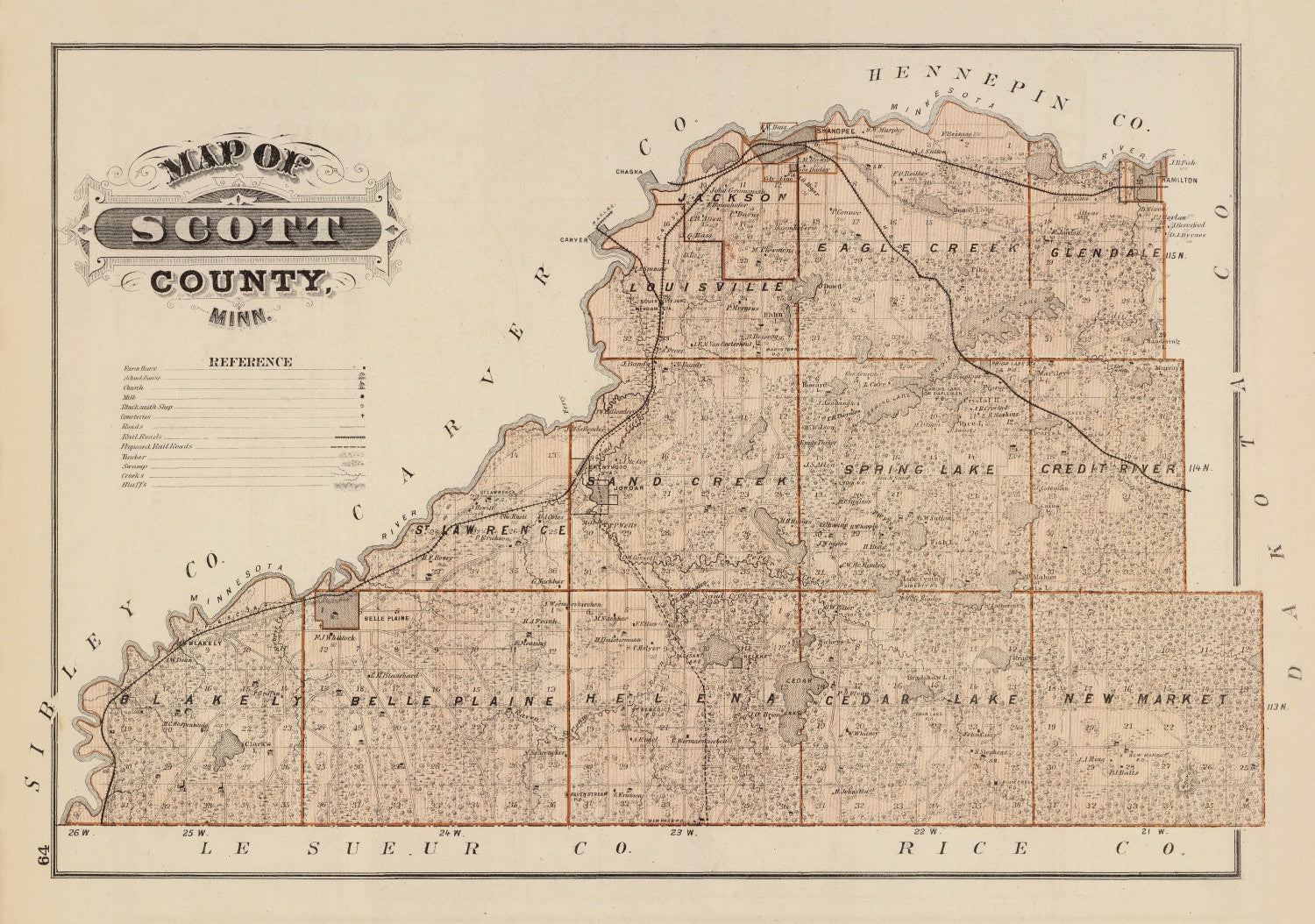 Vintage Map of Scott County, Minnesota 1874
