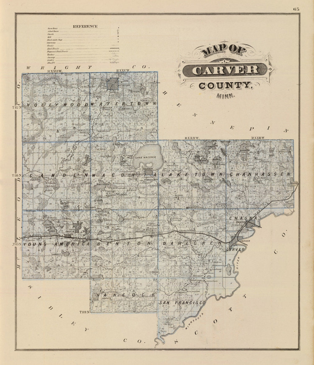 Vintage Map of Carver County, Minnesota 1874