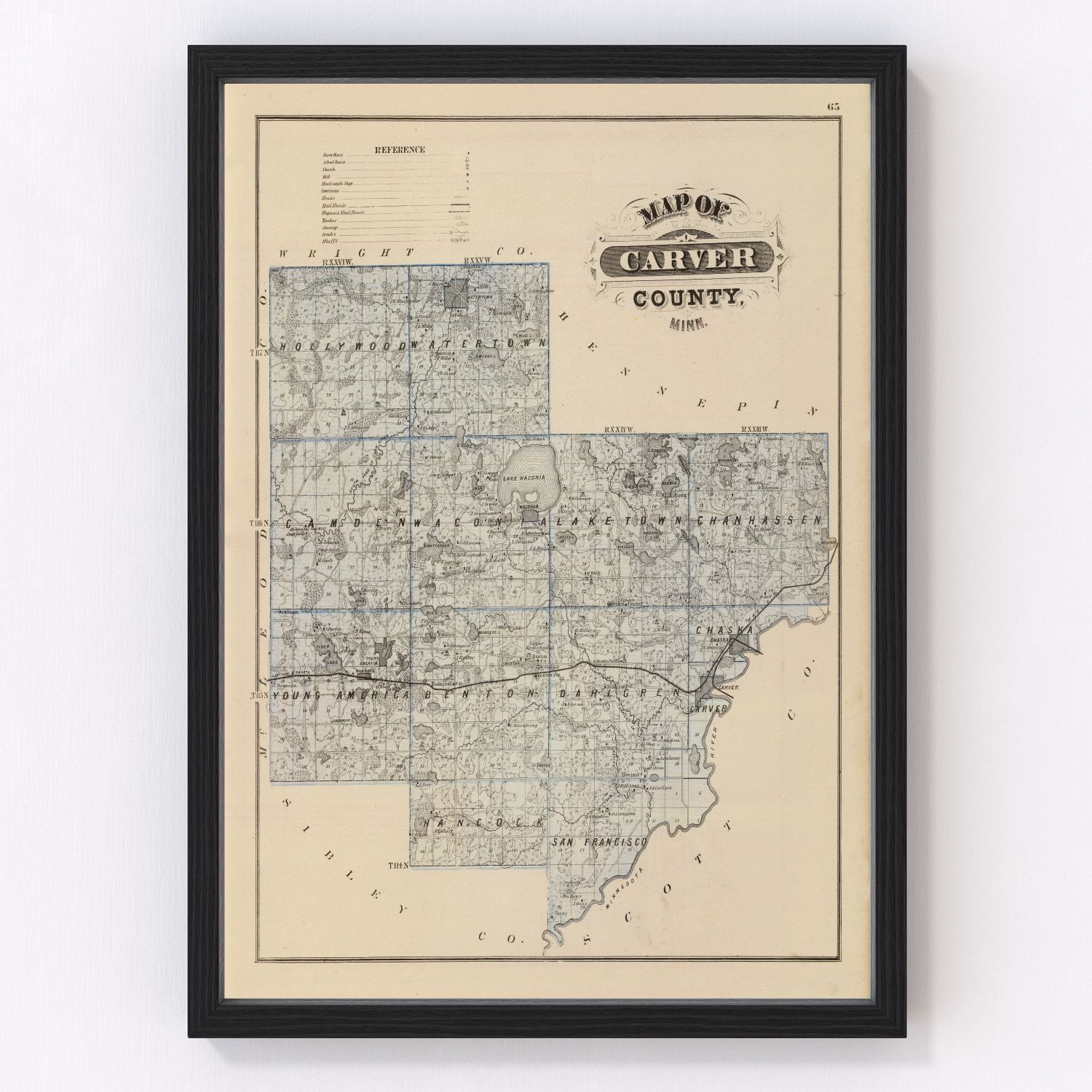 Vintage Map of Carver County, Minnesota 1874