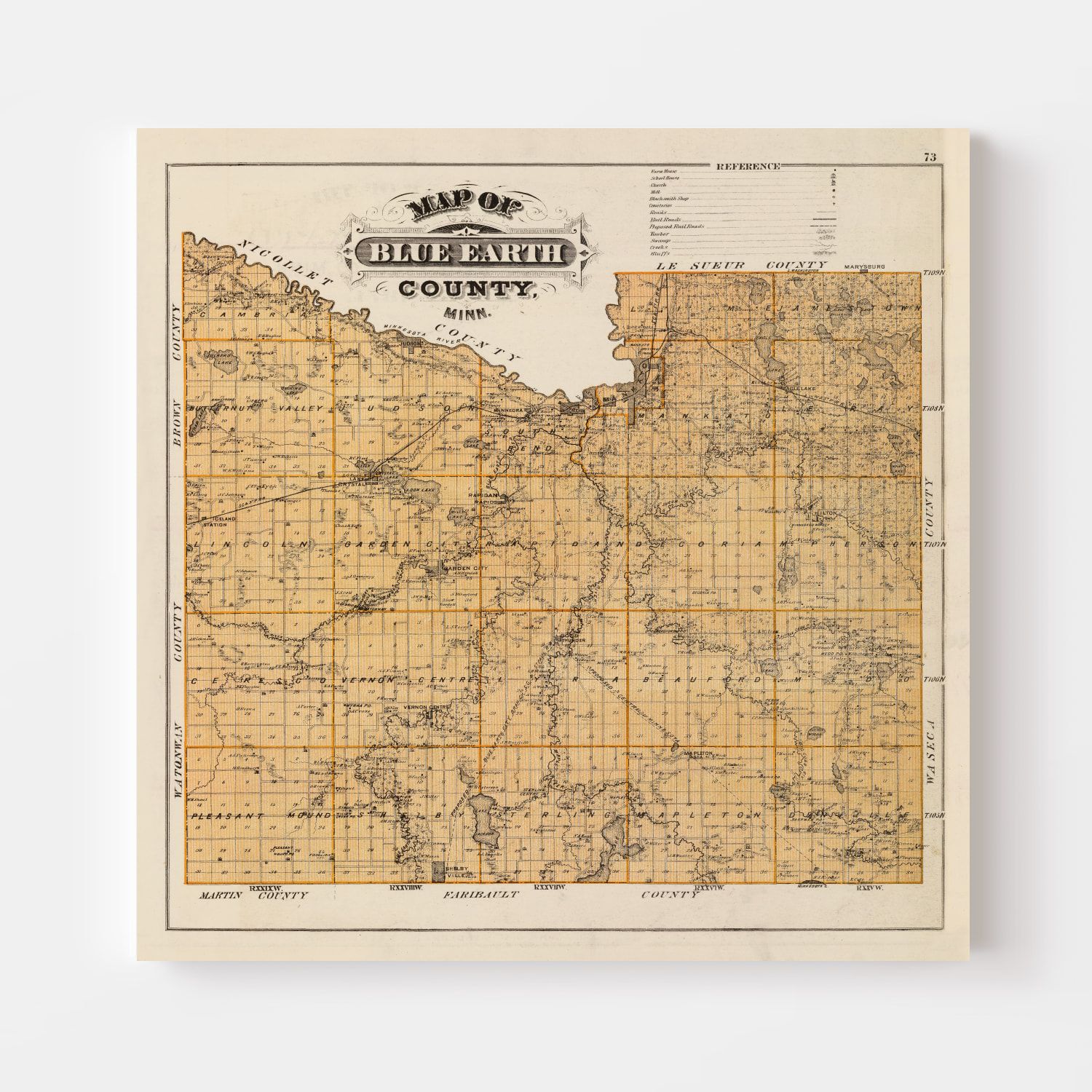 Vintage Map of Blue Earth County, Minnesota 1874