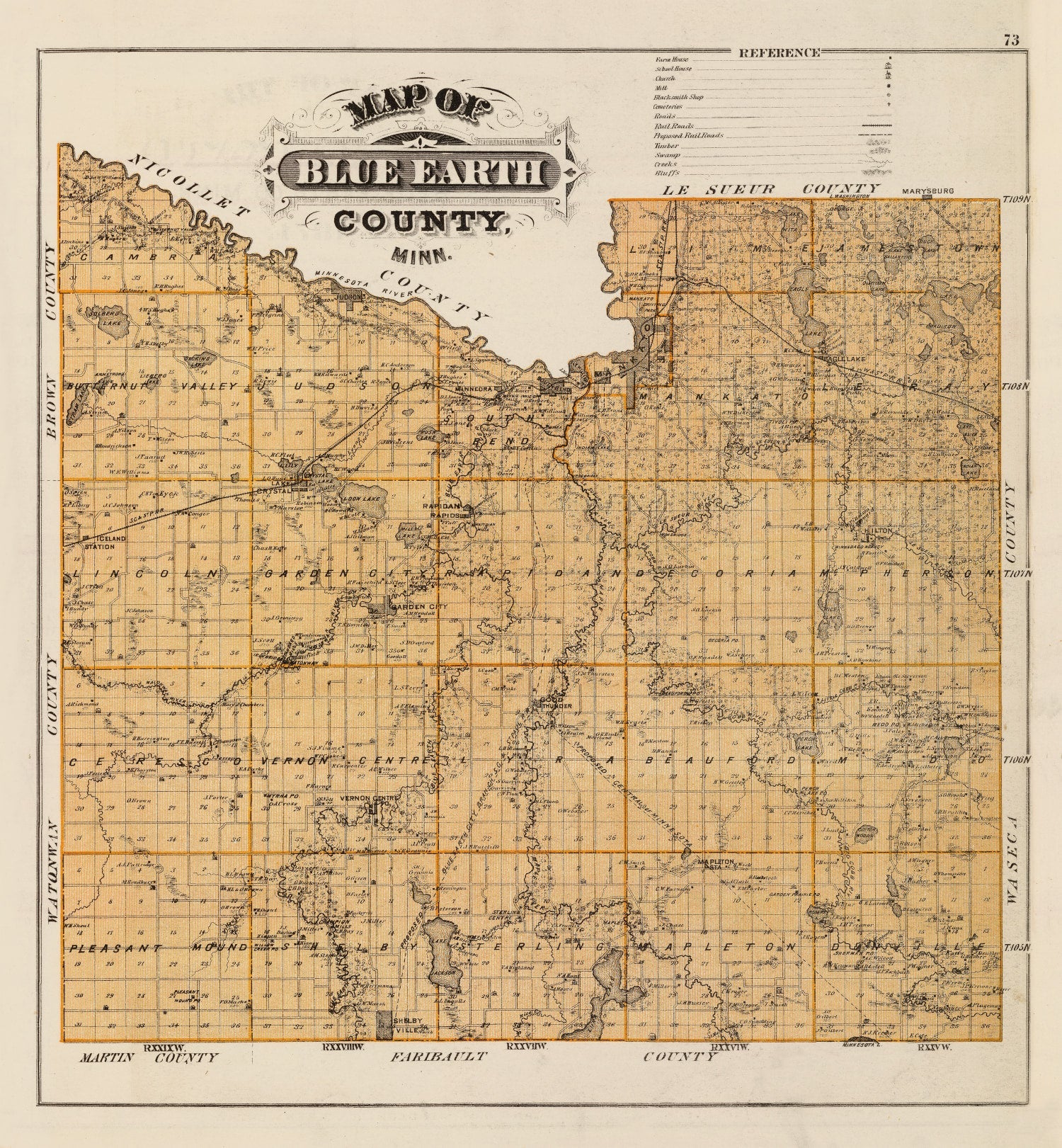 Vintage Map of Blue Earth County, Minnesota 1874