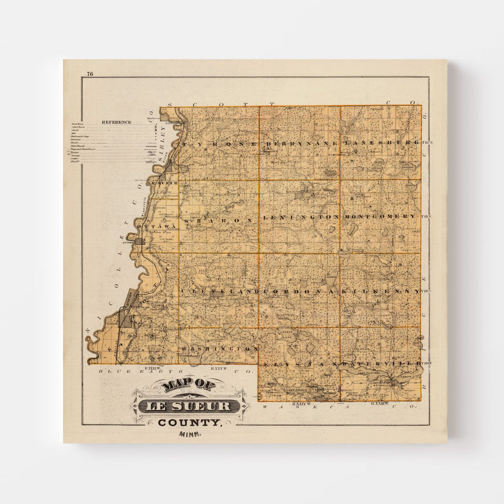 Vintage Map of Le Sueur County, Minnesota 1874