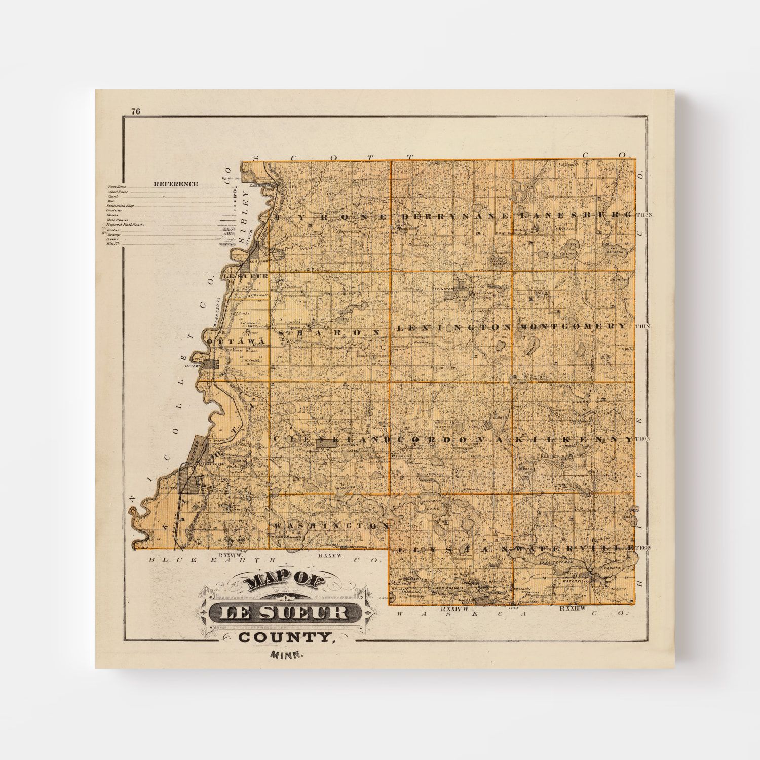 Vintage Map of Le Sueur County, Minnesota 1874