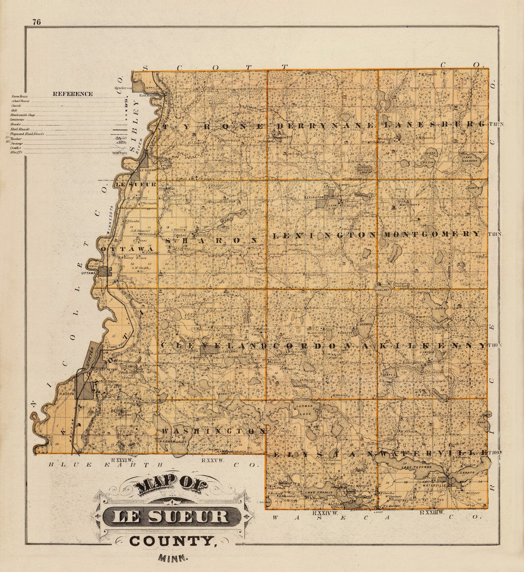 Vintage Map of Le Sueur County, Minnesota 1874
