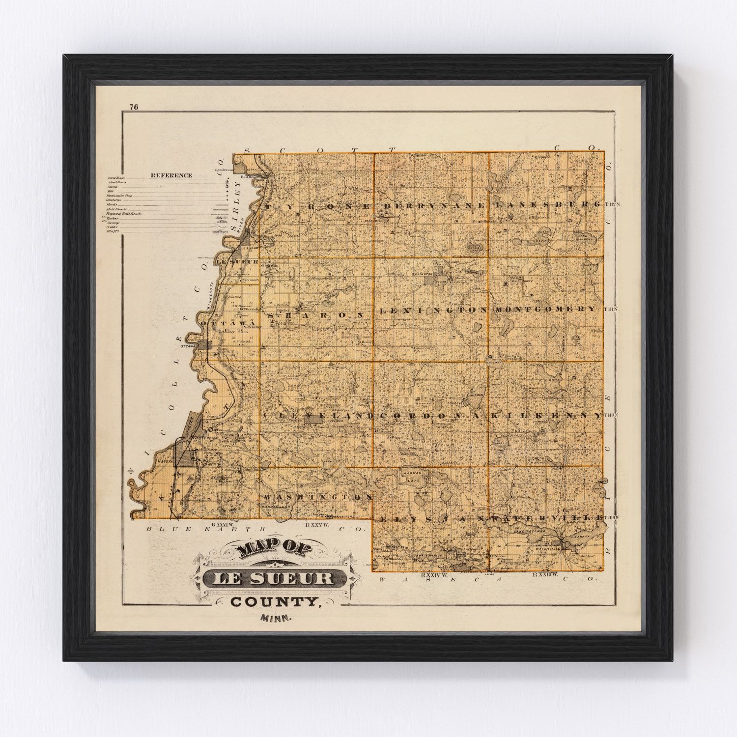 Vintage Map of Le Sueur County, Minnesota 1874