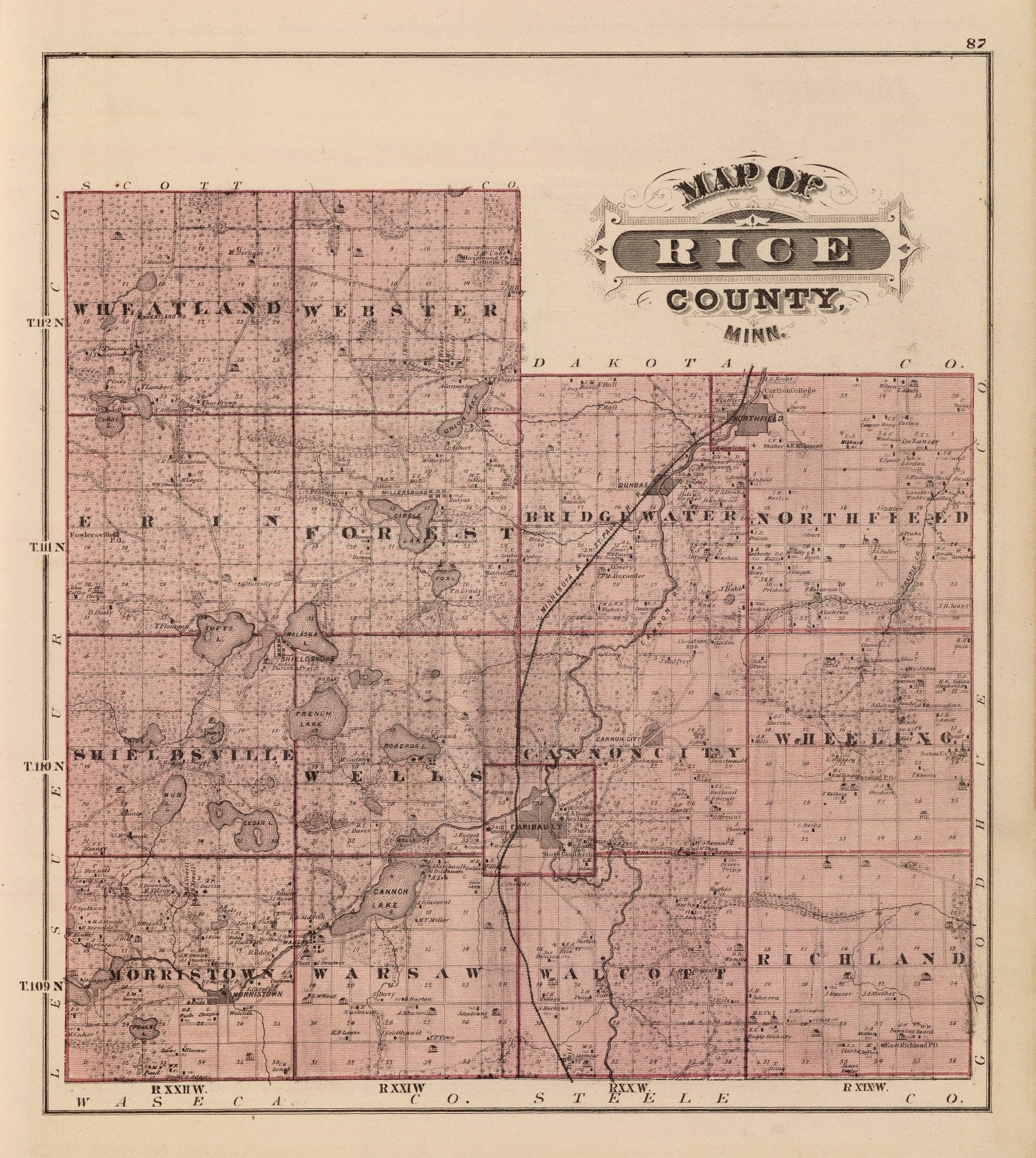 Vintage Map of Rice County, Minnesota 1874
