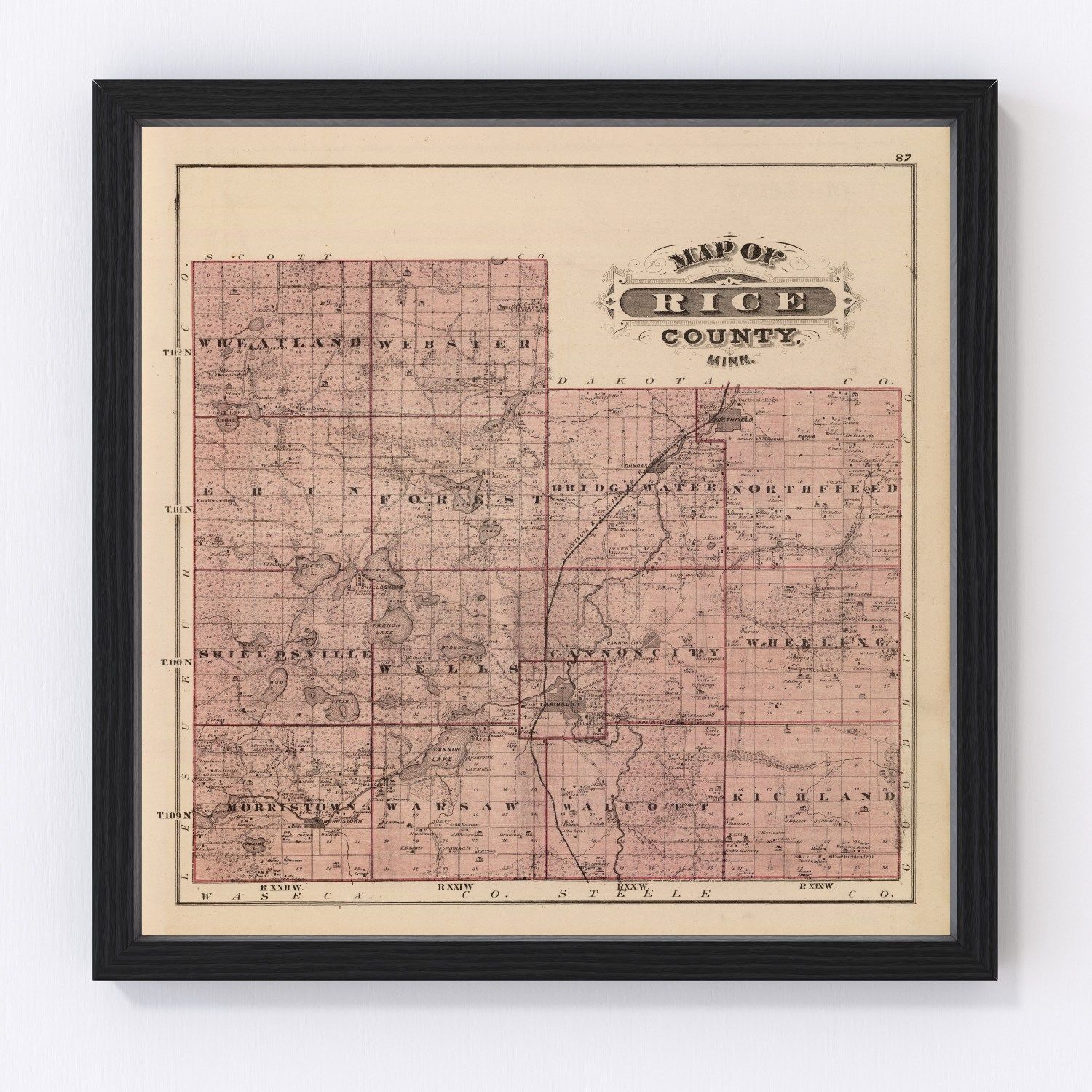 Vintage Map of Rice County, Minnesota 1874