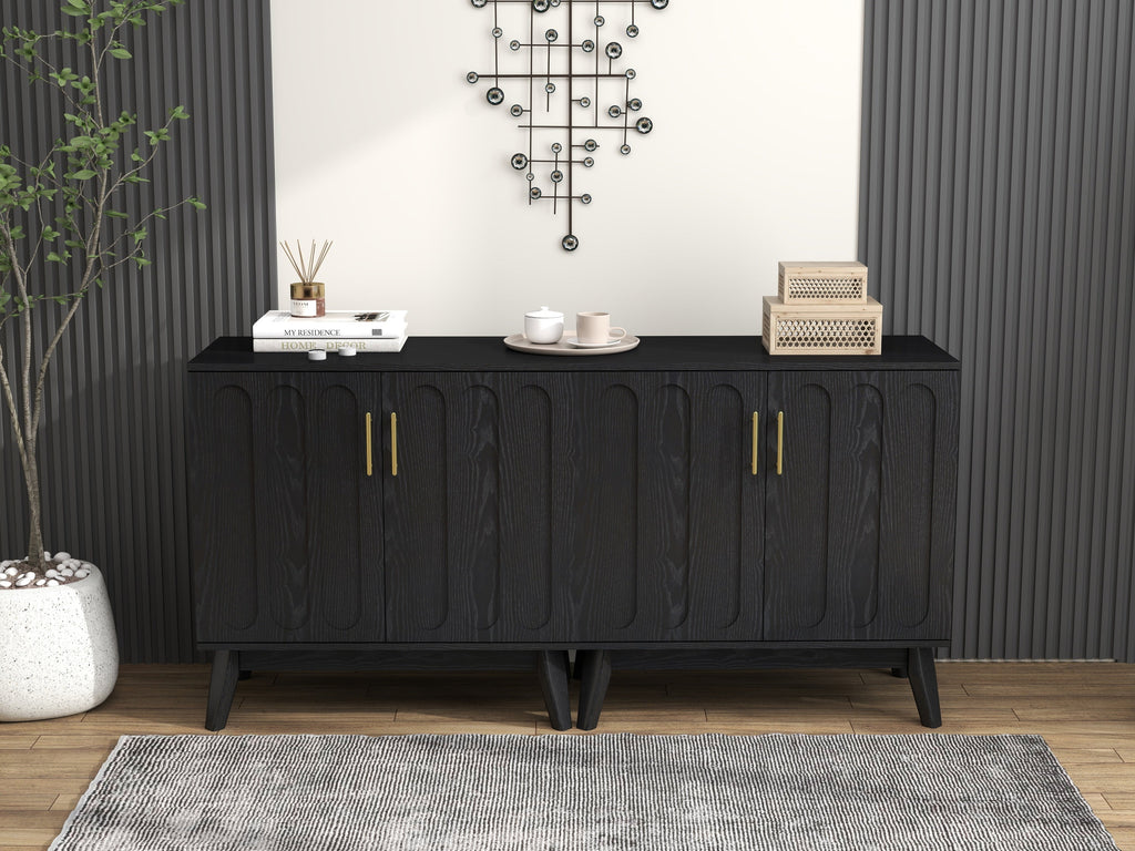 Mid Century Modern Fluted Sideboard Cabinet with Adjustable Shelves & Solid Wood Legs, Buffet Cabinet with Storage, Walnut Storage Cabinet for Living Room, Entryway, Hallway, Dining Room, Kitchen