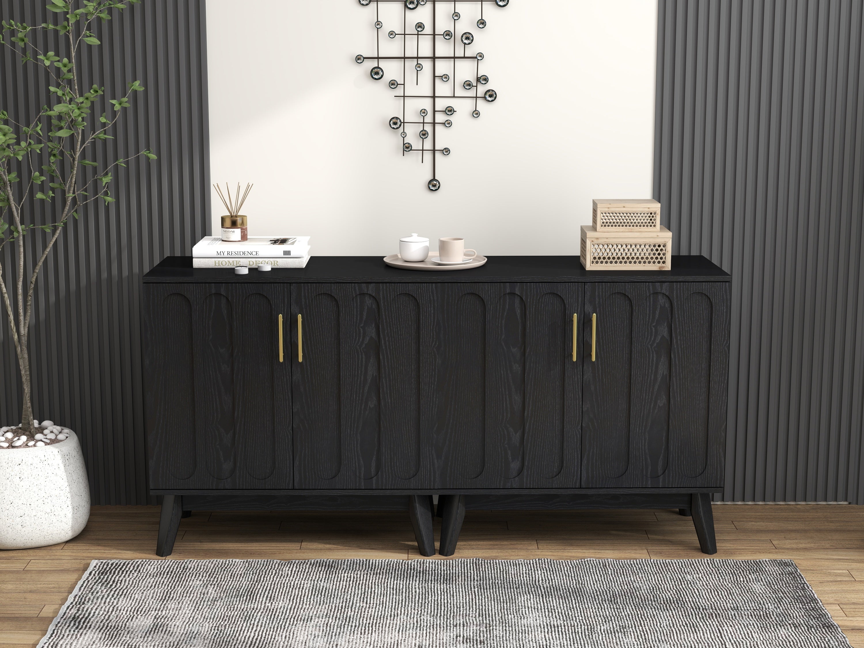 Mid Century Modern Fluted Sideboard Cabinet with Adjustable Shelves & Solid Wood Legs, Buffet Cabinet with Storage, Walnut Storage Cabinet for Living Room, Entryway, Hallway, Dining Room, Kitchen