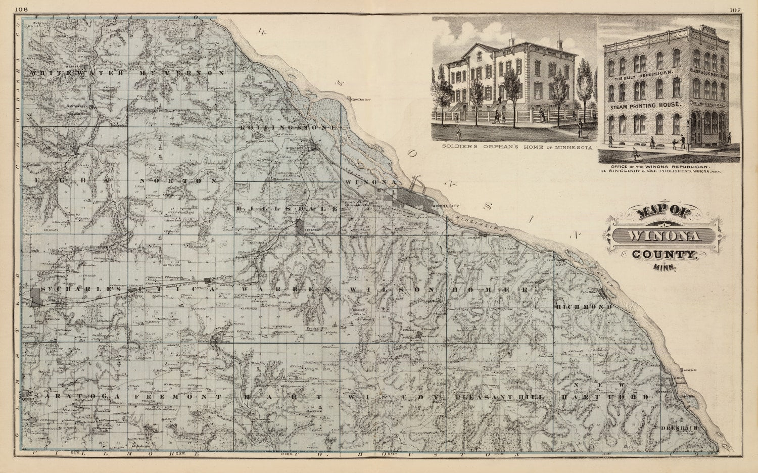 Vintage Map of Winona County, Minnesota 1874