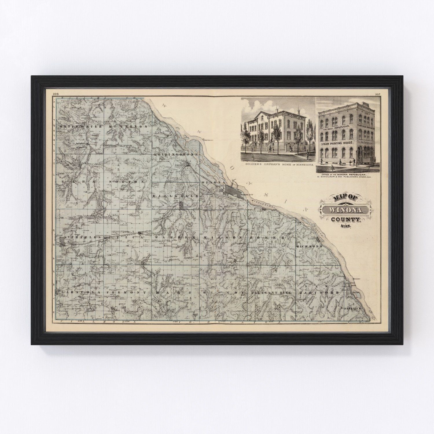 Vintage Map of Winona County, Minnesota 1874