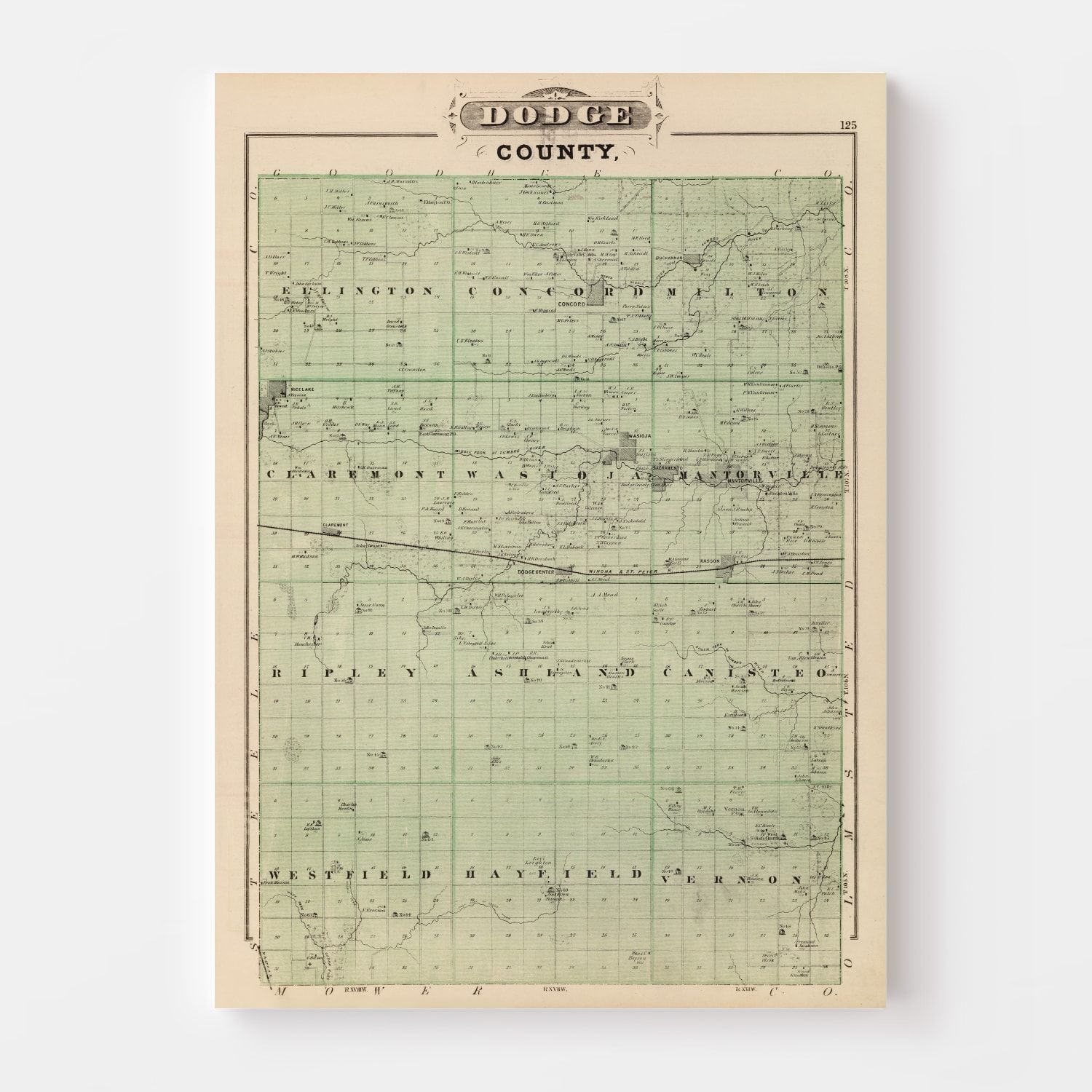 Vintage Map of Dodge County, Minnesota 1874